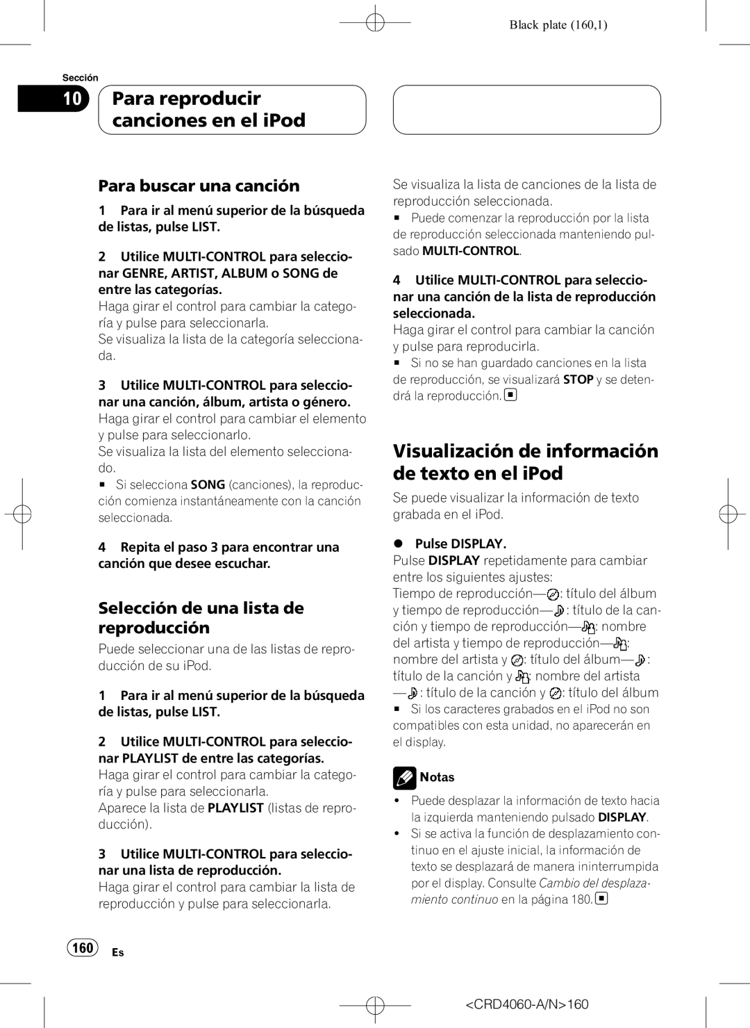 Pioneer DEH-P7850BT Para reproducir canciones en el iPod, Visualización de información de texto en el iPod, 160 Es 