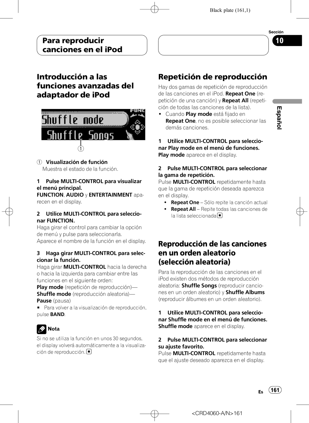 Pioneer DEH-P7850BT operation manual Demás canciones, Repeat One Sólo repite la canción actual, CRD4060-A/N161 