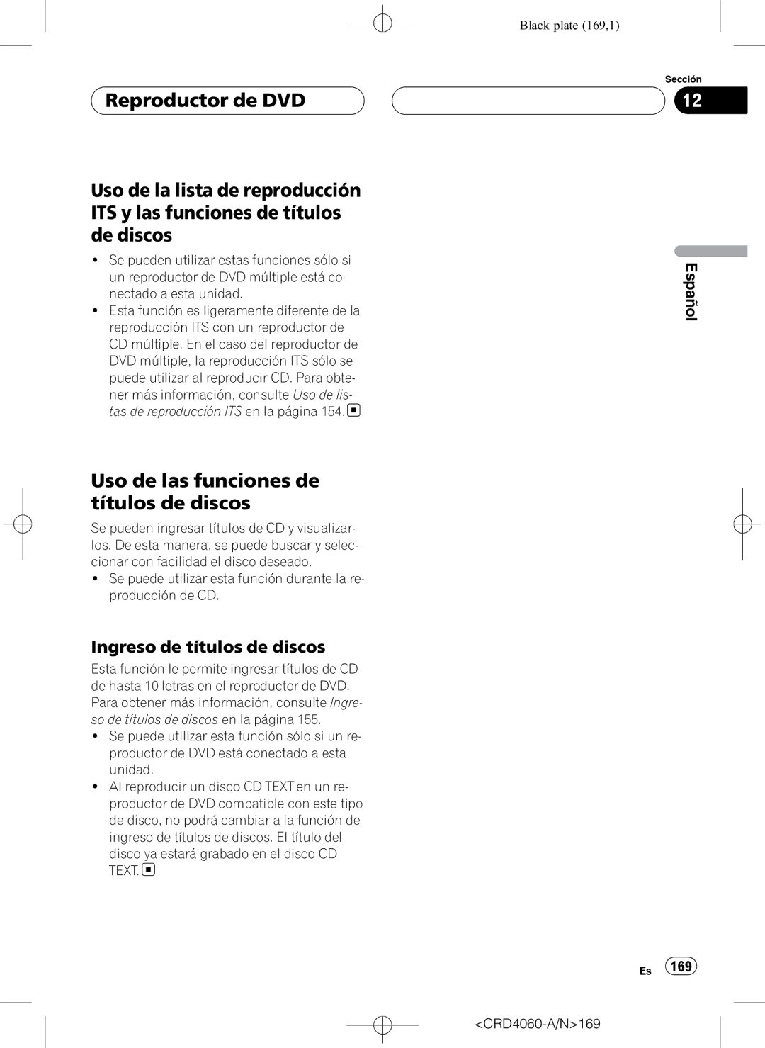 Pioneer DEH-P7850BT operation manual Uso de las funciones de títulos de discos, CRD4060-A/N169 