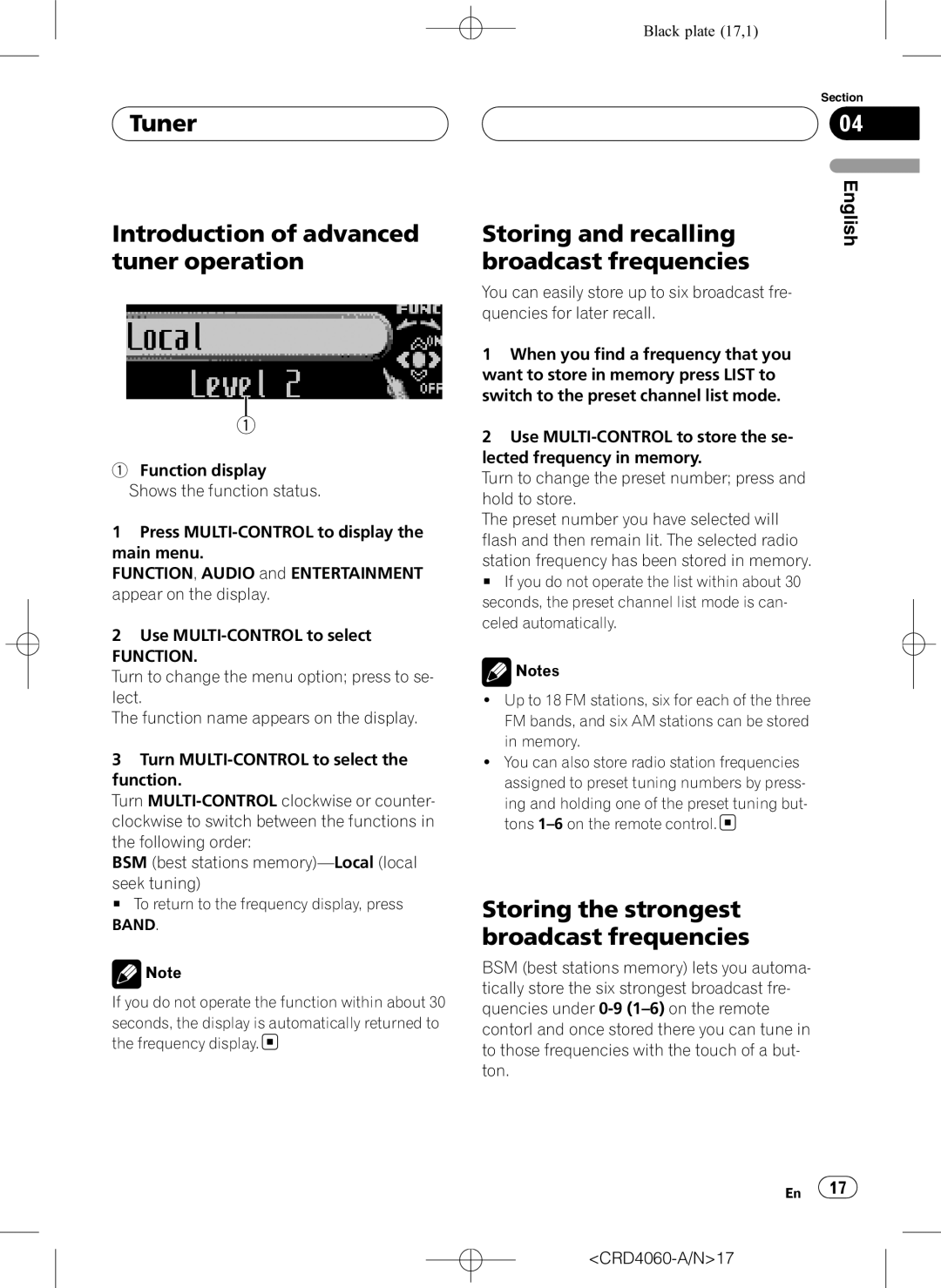 Pioneer DEH-P7850BT Tuner Introduction of advanced tuner operation, Storing and recalling, Broadcast frequencies 