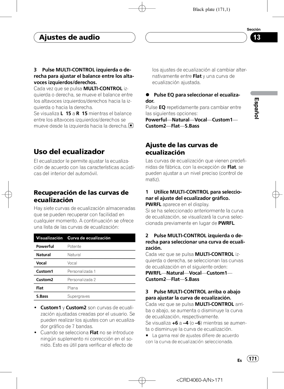 Pioneer DEH-P7850BT Ajustes de audio, Uso del ecualizador, Recuperación de las curvas de ecualización, CRD4060-A/N171 