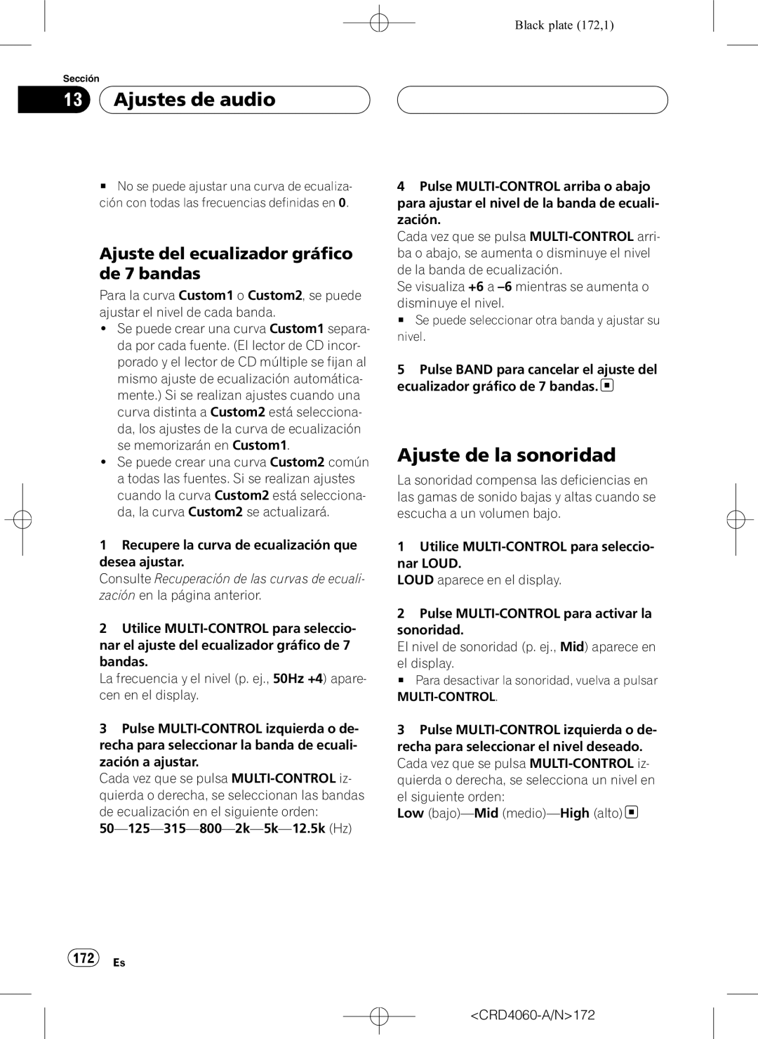 Pioneer DEH-P7850BT operation manual Ajuste de la sonoridad, Ajuste del ecualizador gráfico de 7 bandas, 172 Es 