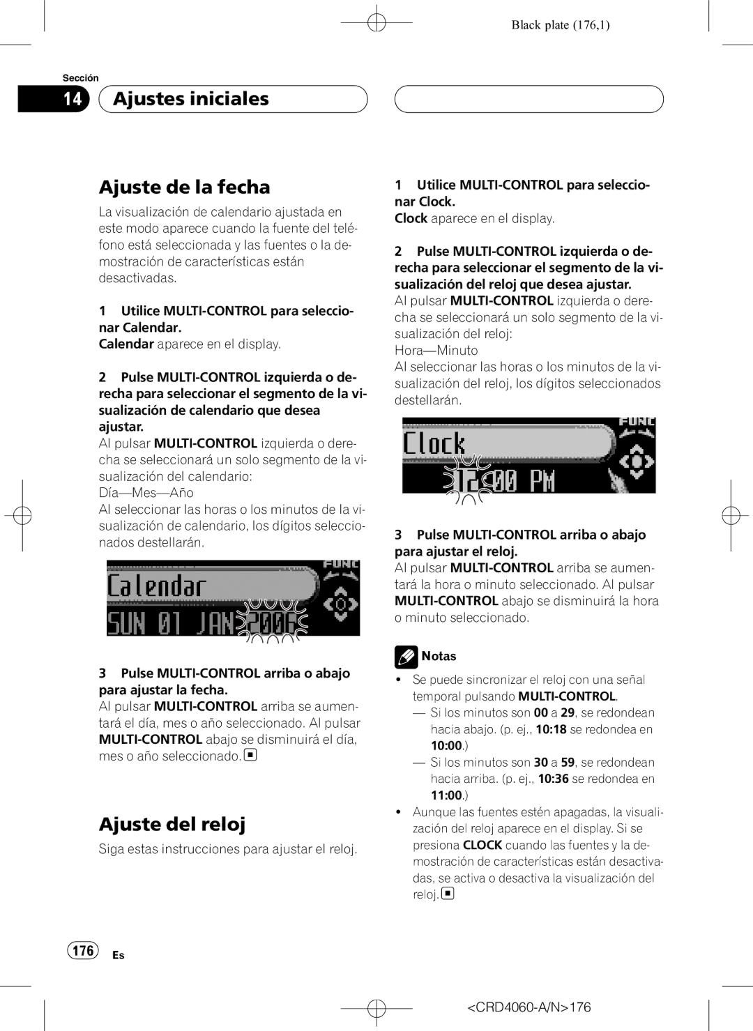 Pioneer DEH-P7850BT operation manual Ajustes iniciales Ajuste de la fecha, Ajuste del reloj, 176 Es 