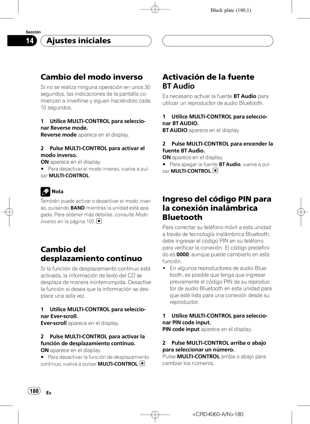 Pioneer DEH-P7850BT operation manual Ajustes iniciales Cambio del modo inverso, Cambio del desplazamiento continuo, 180 Es 