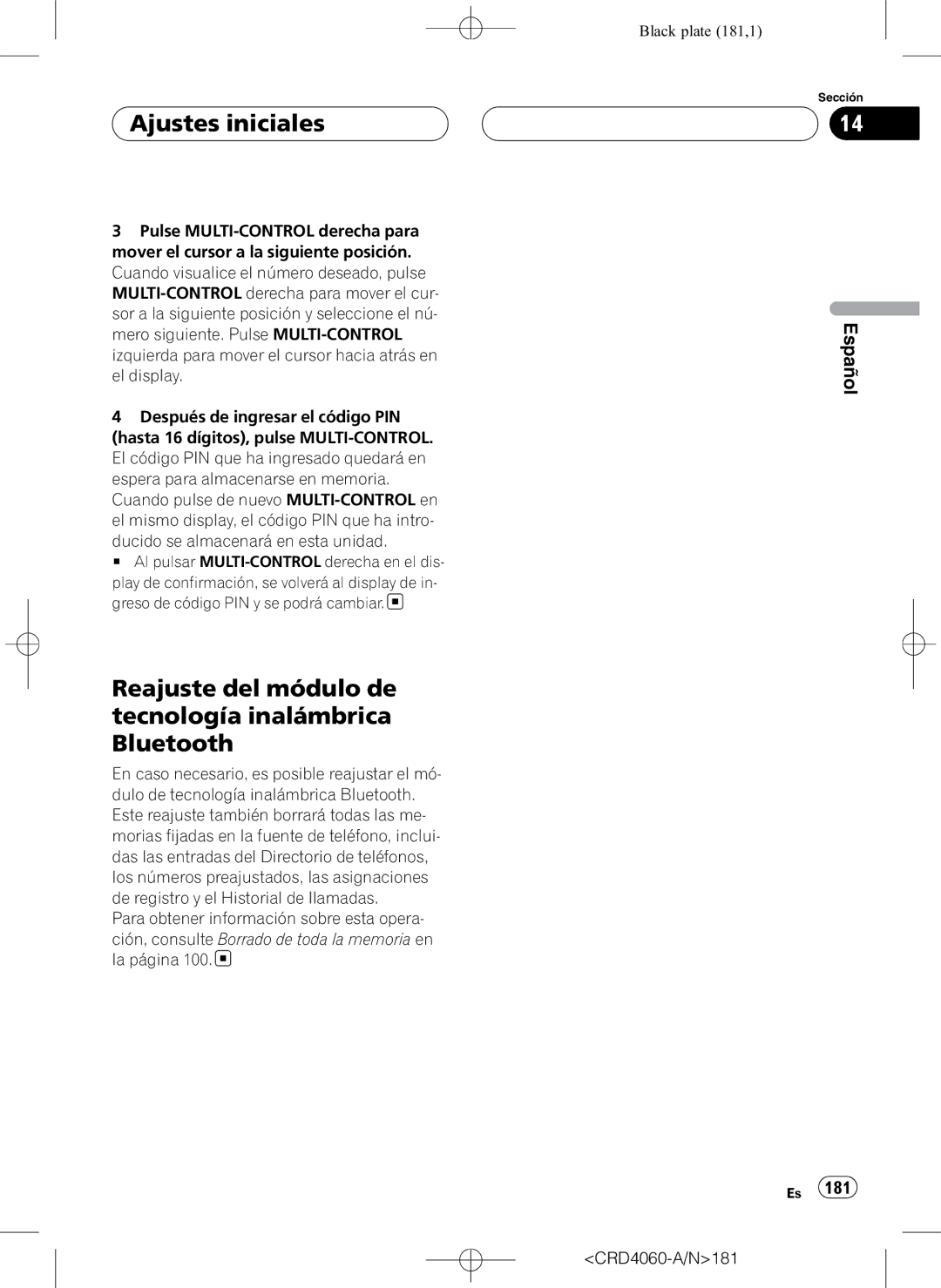 Pioneer DEH-P7850BT operation manual Reajuste del módulo de tecnología inalámbrica Bluetooth, CRD4060-A/N181 