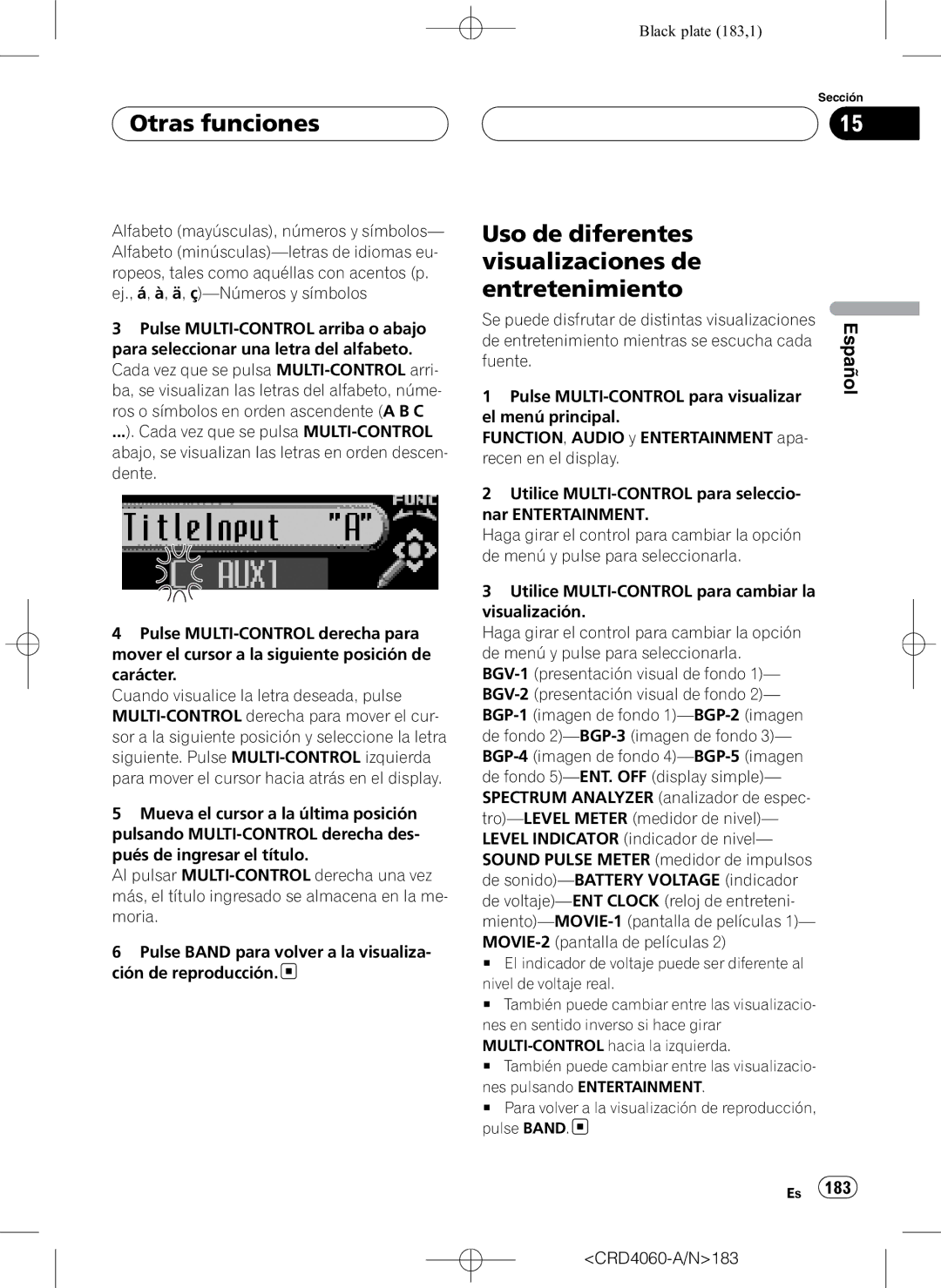 Pioneer DEH-P7850BT operation manual Otras funciones, Uso de diferentes visualizaciones de entretenimiento 