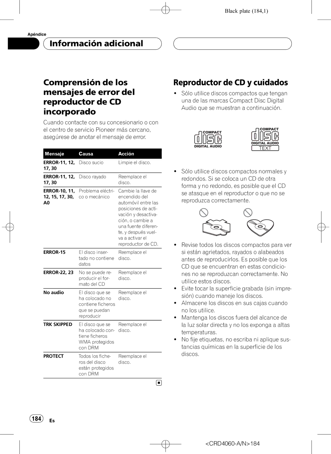 Pioneer DEH-P7850BT operation manual Reproductor de CD y cuidados, 184 Es 