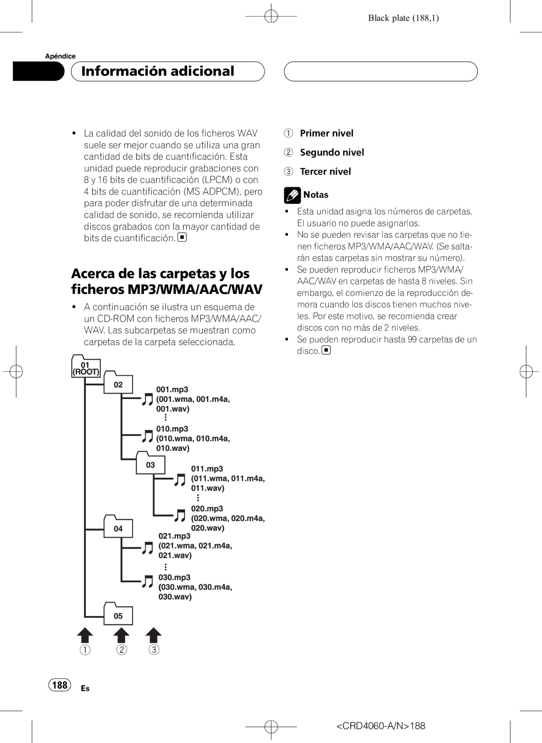 Pioneer DEH-P7850BT operation manual Acerca de las carpetas y los ficheros MP3/WMA/AAC/WAV, 188 Es 