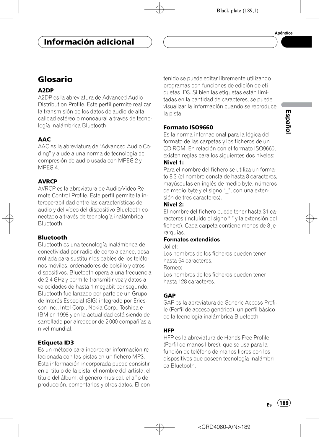 Pioneer DEH-P7850BT operation manual Información adicional Glosario, 189 