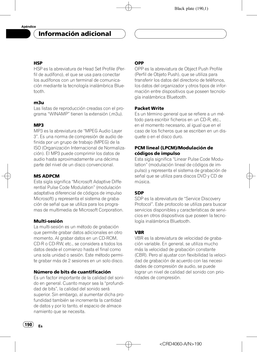 Pioneer DEH-P7850BT operation manual 190 Es, CRD4060-A/N190 