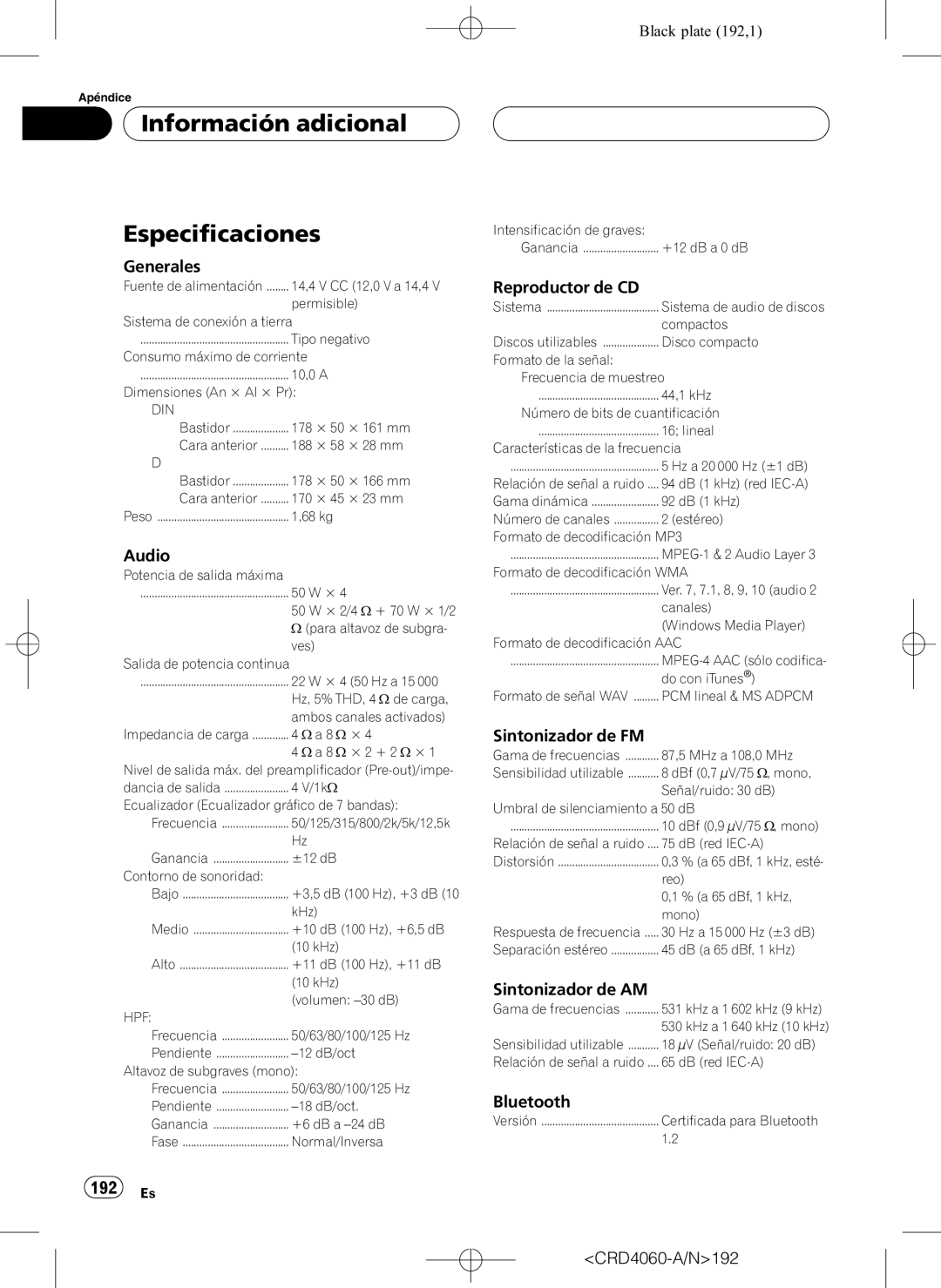 Pioneer DEH-P7850BT operation manual Información adicional Especificaciones, 192 Es 