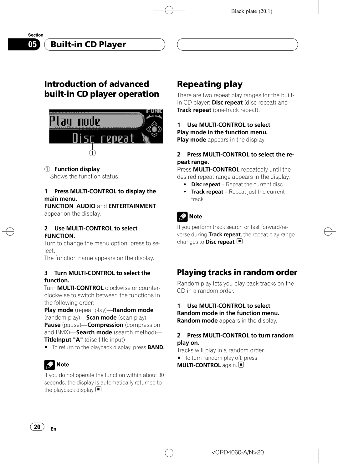 Pioneer DEH-P7850BT operation manual Repeating play, Playing tracks in random order, CRD4060-A/N20 