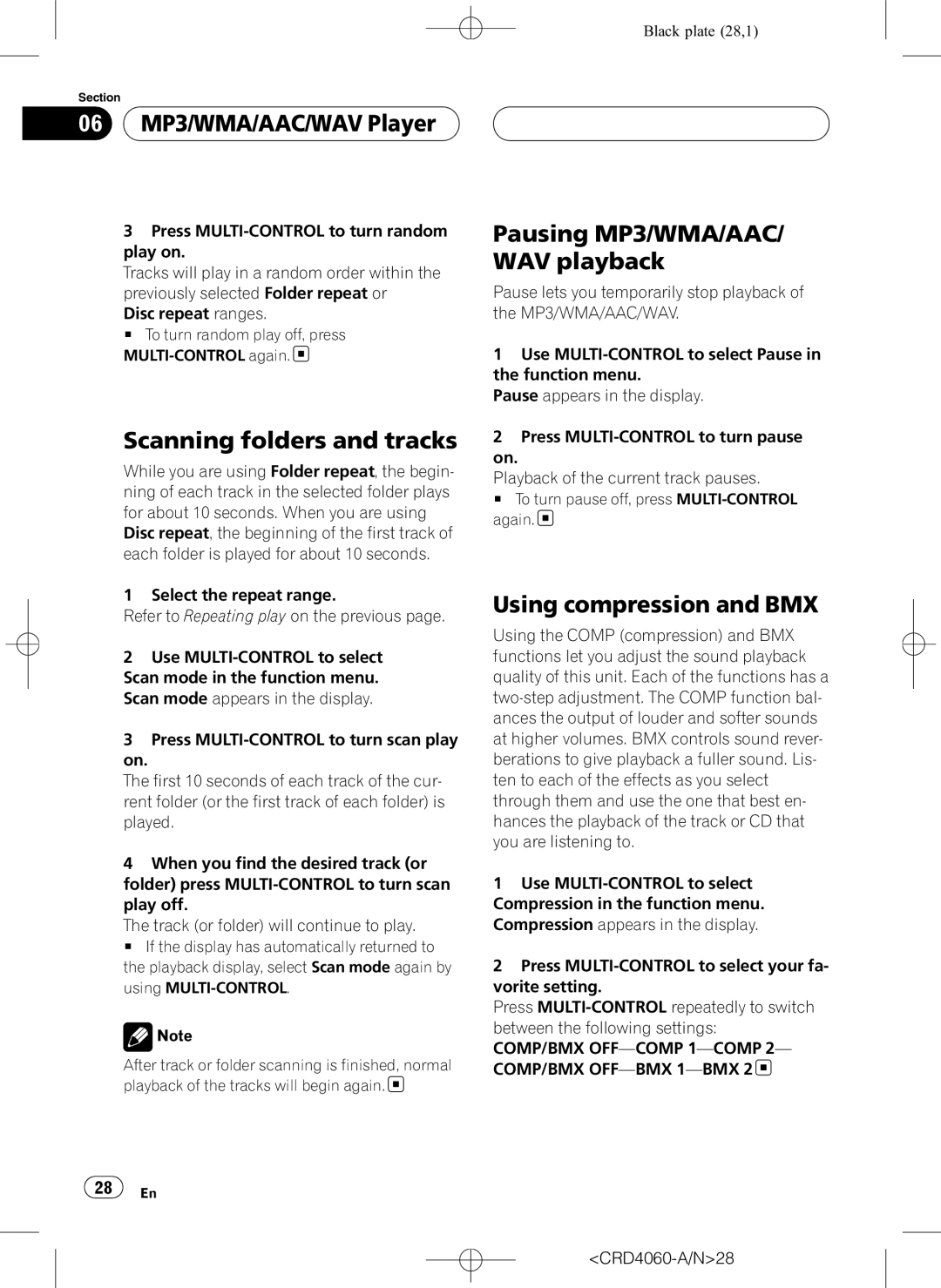 Pioneer DEH-P7850BT operation manual Scanning folders and tracks, Pausing MP3/WMA/AAC/ WAV playback, CRD4060-A/N28 