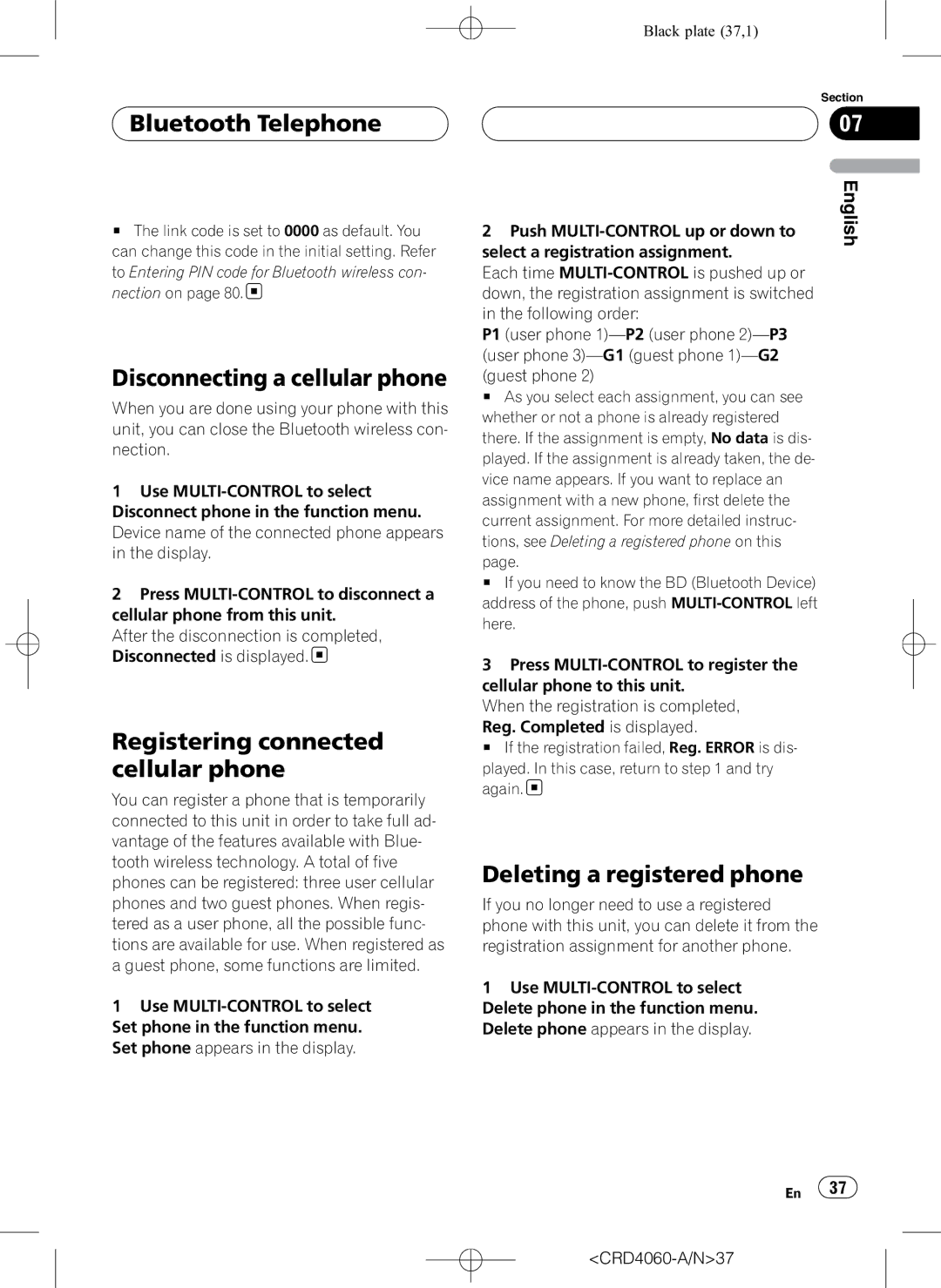 Pioneer DEH-P7850BT Disconnecting a cellular phone, Registering connected cellular phone, Deleting a registered phone 