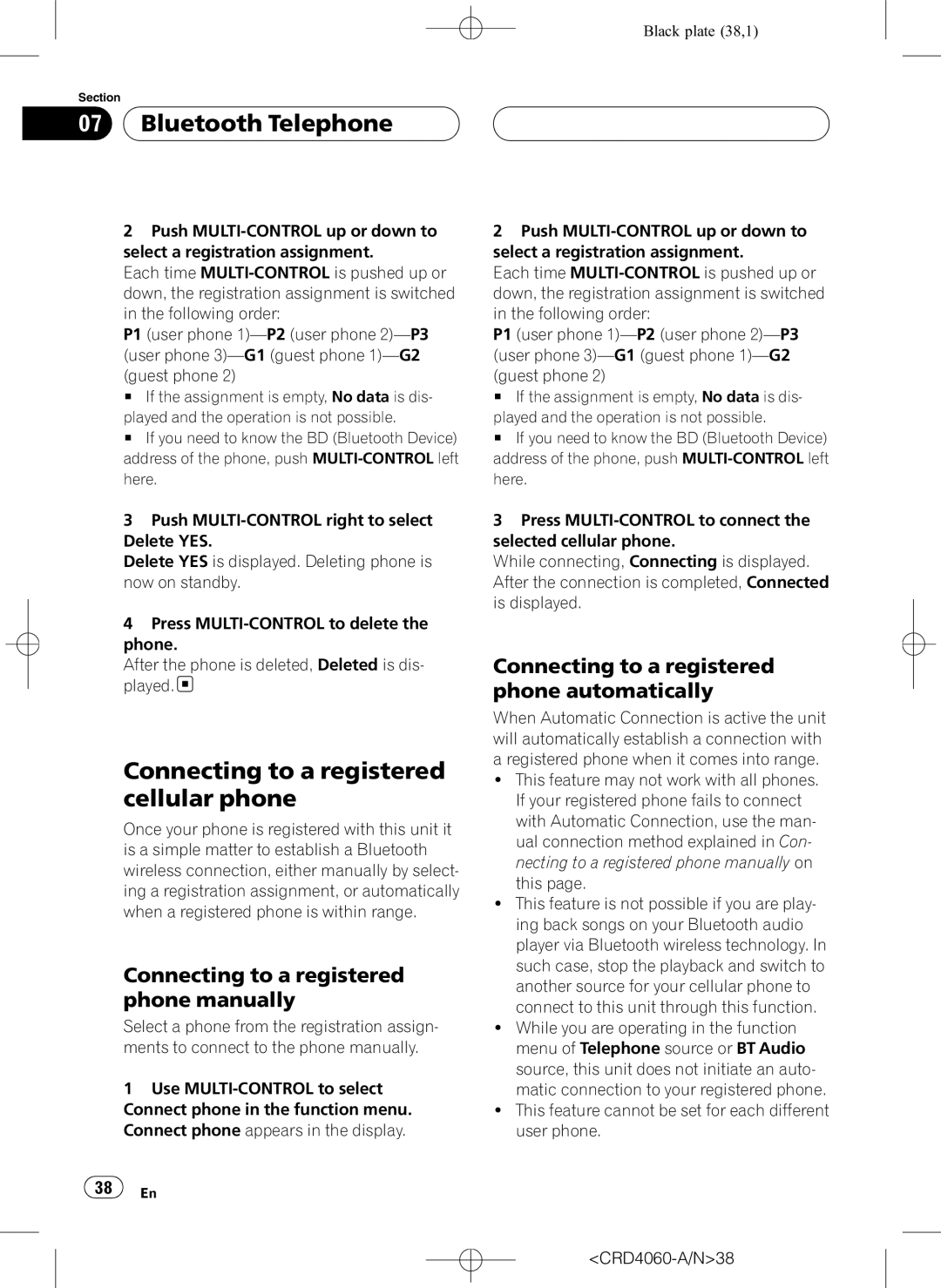 Pioneer DEH-P7850BT Connecting to a registered cellular phone, Connecting to a registered phone manually, CRD4060-A/N38 