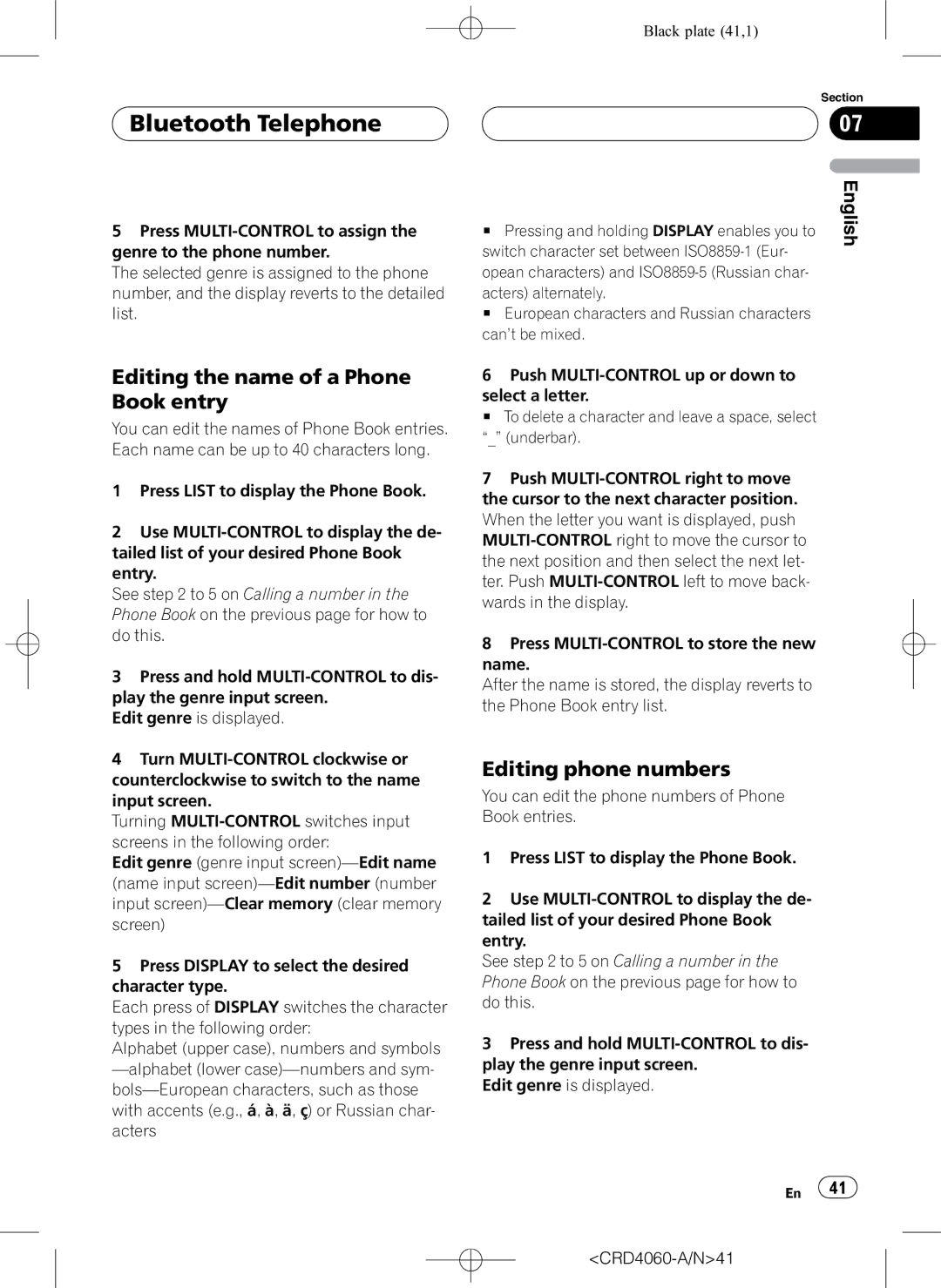 Pioneer DEH-P7850BT operation manual Editing the name of a Phone Book entry, Editing phone numbers 