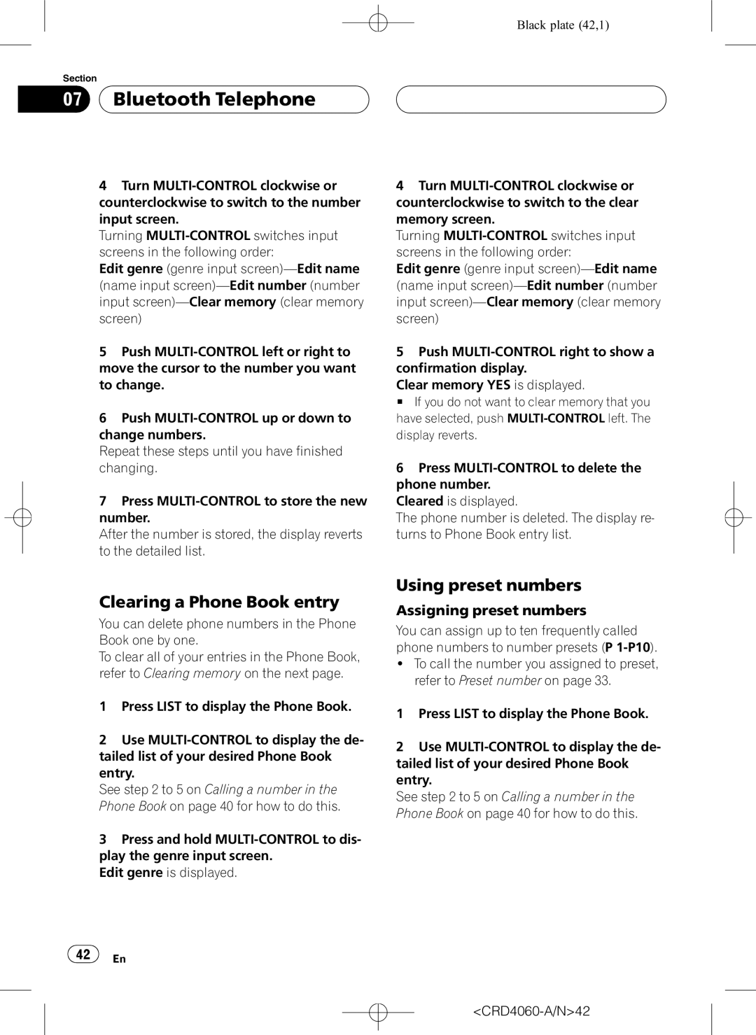 Pioneer DEH-P7850BT Clearing a Phone Book entry, Using preset numbers, Assigning preset numbers, CRD4060-A/N42 
