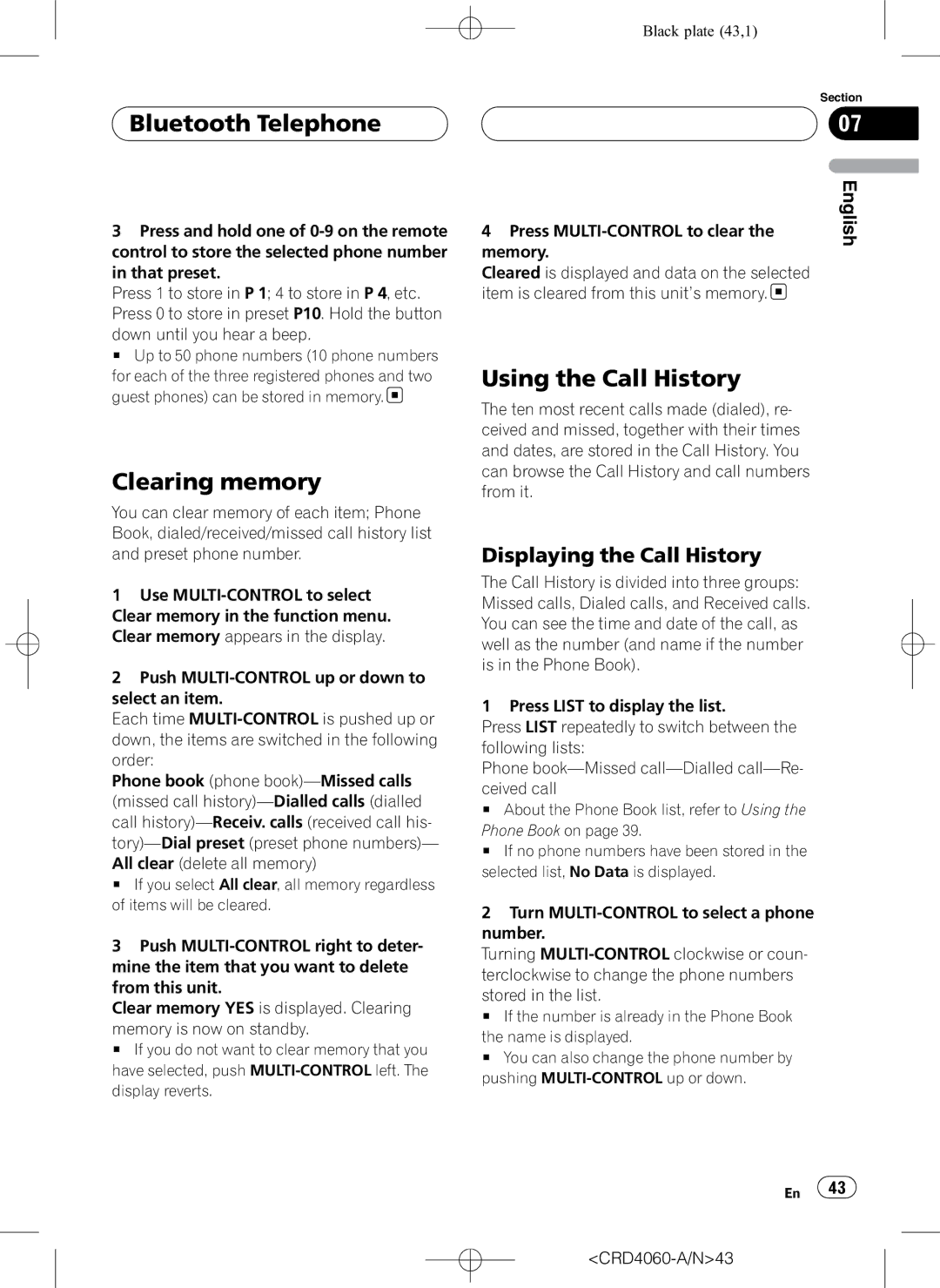 Pioneer DEH-P7850BT operation manual Clearing memory, Using the Call History, Displaying the Call History 