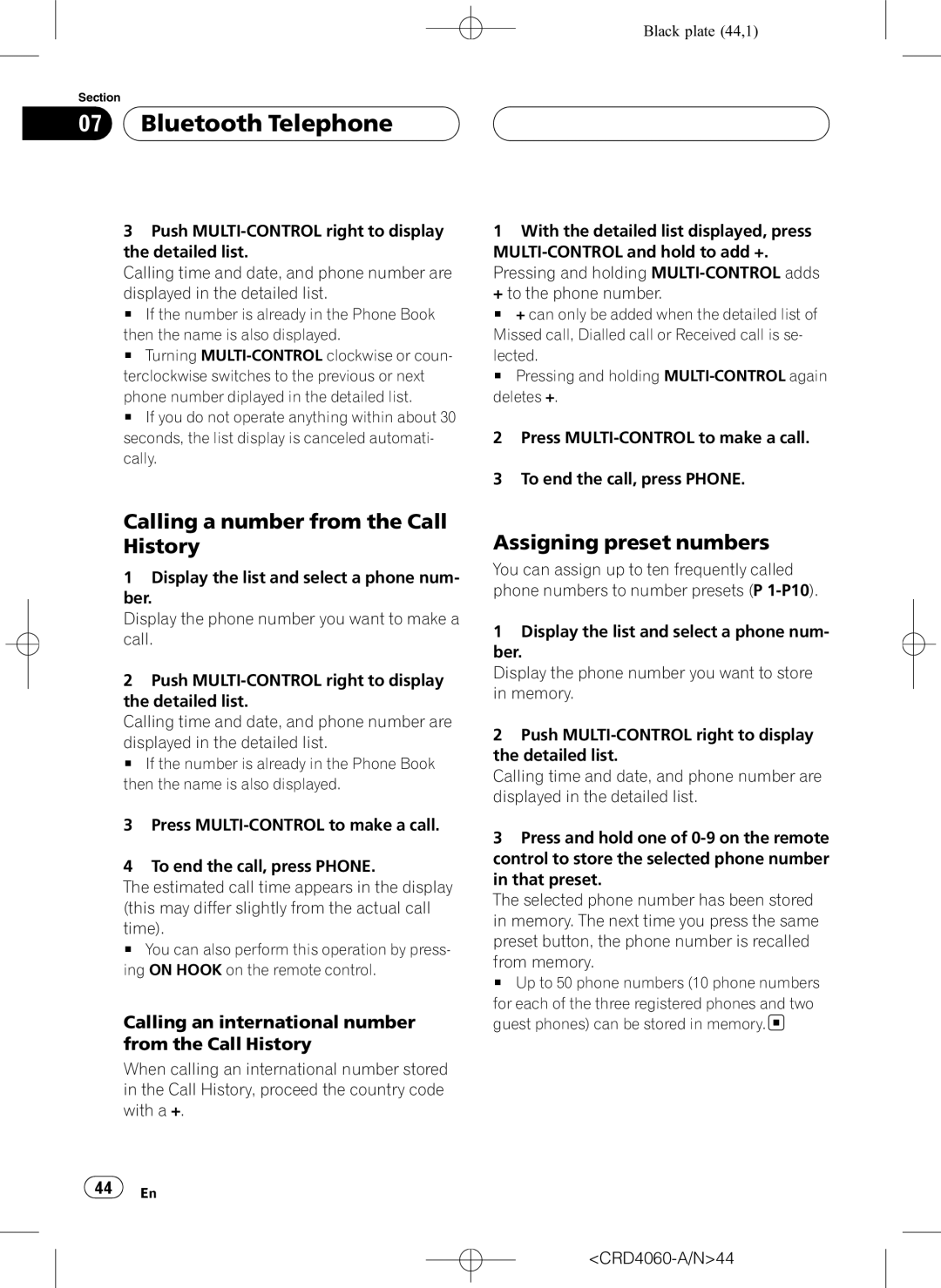 Pioneer DEH-P7850BT operation manual Calling a number from the Call History, Assigning preset numbers, CRD4060-A/N44 