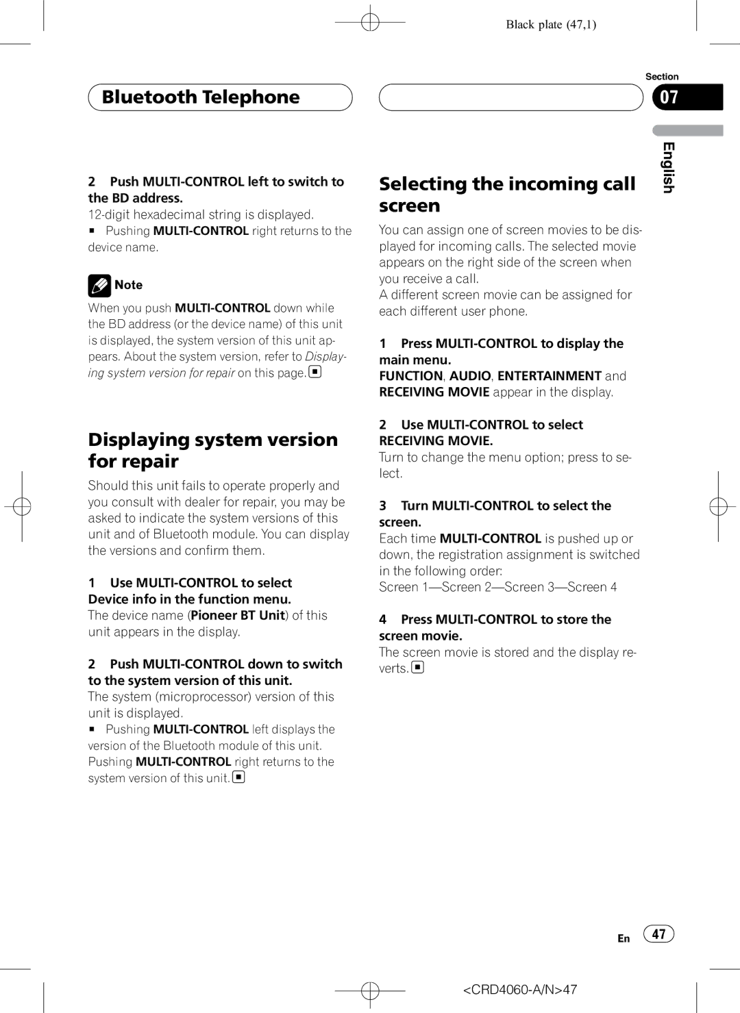 Pioneer DEH-P7850BT operation manual Displaying system version for repair, Selecting the incoming call, Screen 