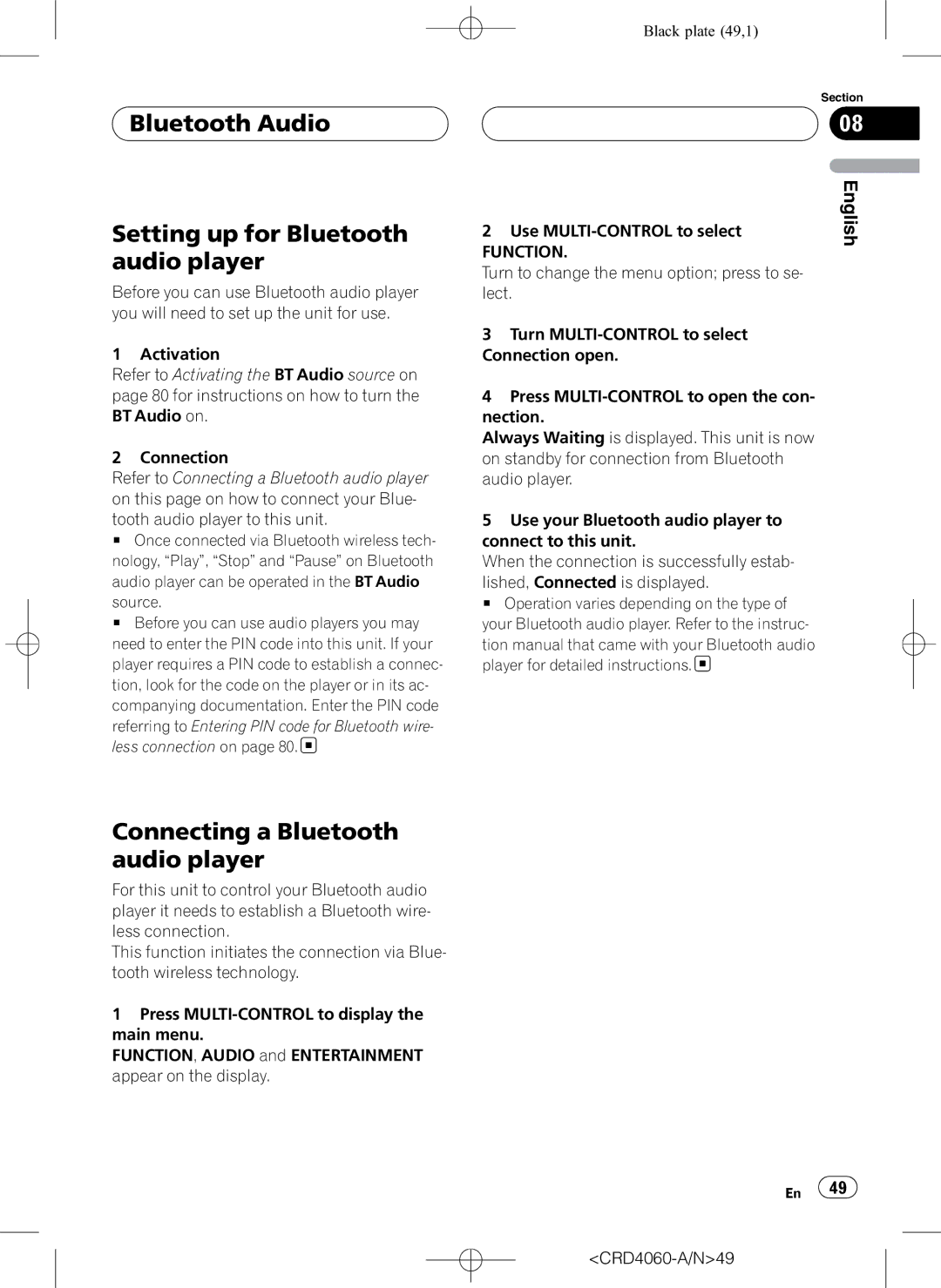 Pioneer DEH-P7850BT Bluetooth Audio Setting up for Bluetooth audio player, Connecting a Bluetooth audio player 