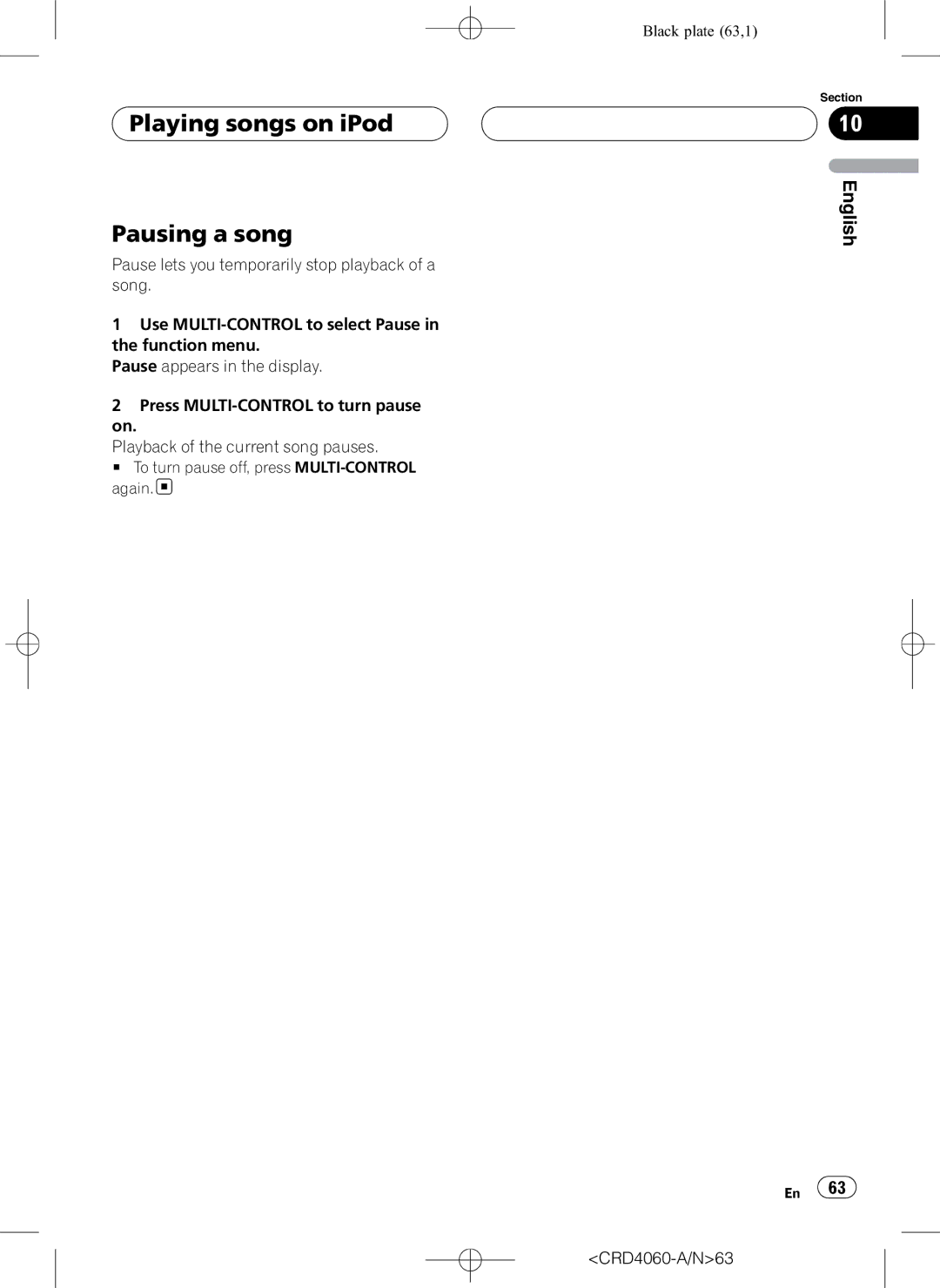 Pioneer DEH-P7850BT operation manual Playing songs on iPod Pausing a song, CRD4060-A/N63 