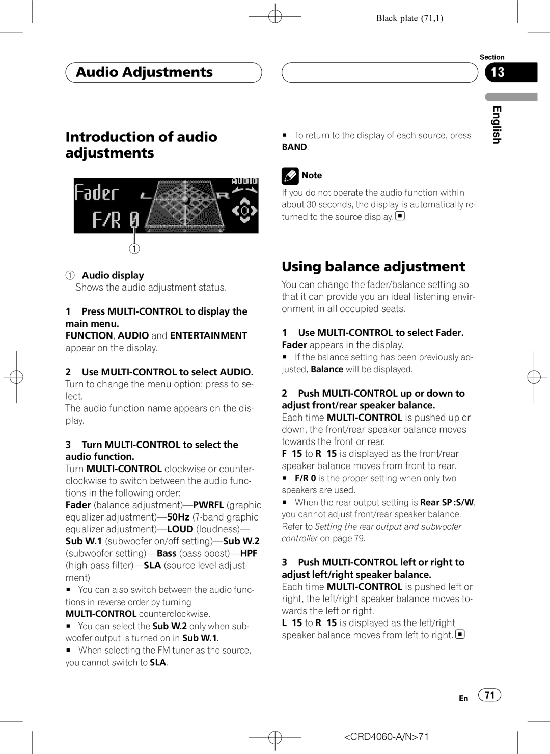 Pioneer DEH-P7850BT operation manual Audio Adjustments Introduction of audio adjustments, Using balance adjustment 