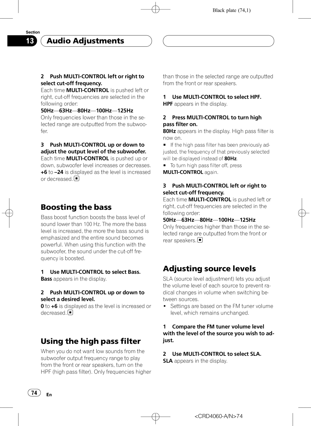 Pioneer DEH-P7850BT operation manual Boosting the bass, Using the high pass filter, Adjusting source levels, CRD4060-A/N74 