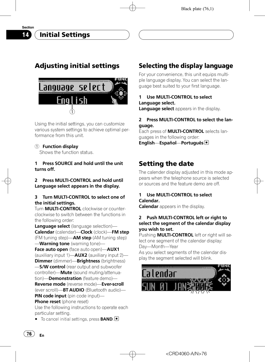 Pioneer DEH-P7850BT Initial Settings Adjusting initial settings, Selecting the display language, Setting the date 