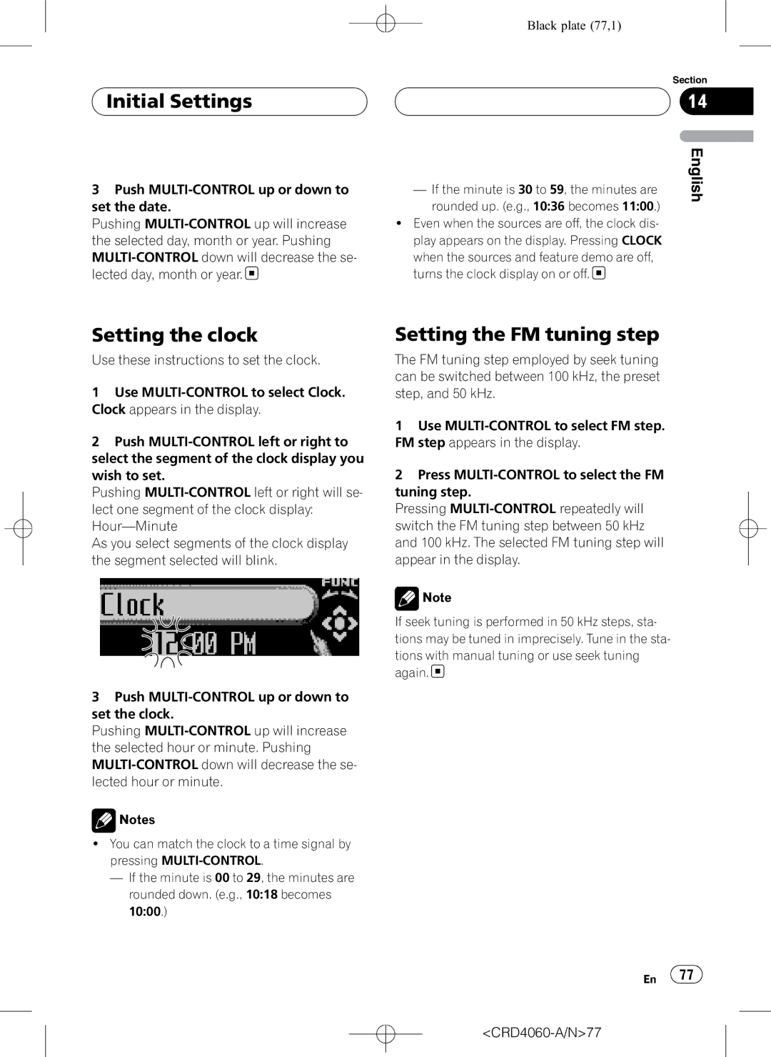 Pioneer DEH-P7850BT operation manual Initial Settings, Setting the clock, Setting the FM tuning step 