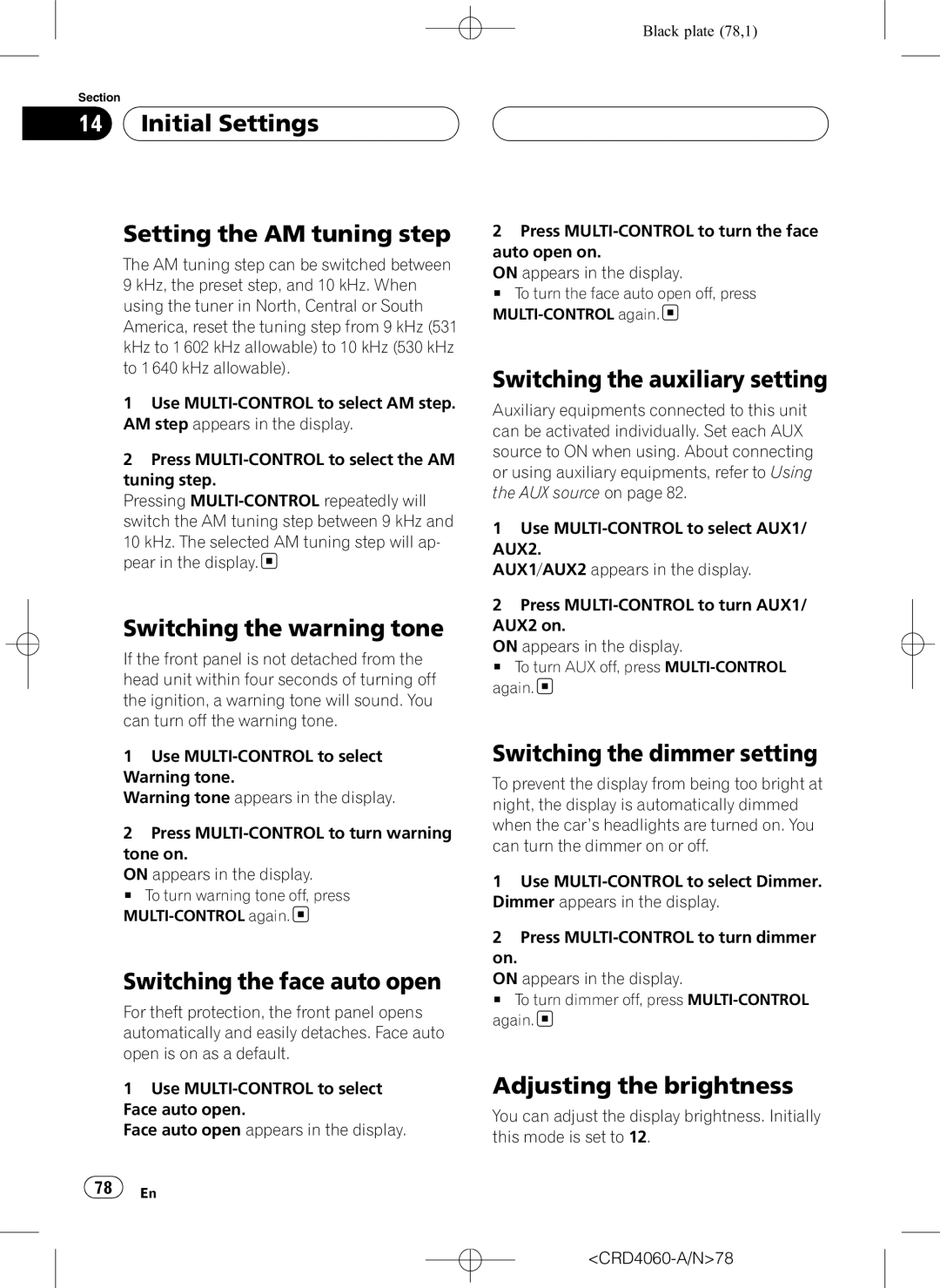 Pioneer DEH-P7850BT Initial Settings Setting the AM tuning step, Switching the warning tone, Switching the face auto open 