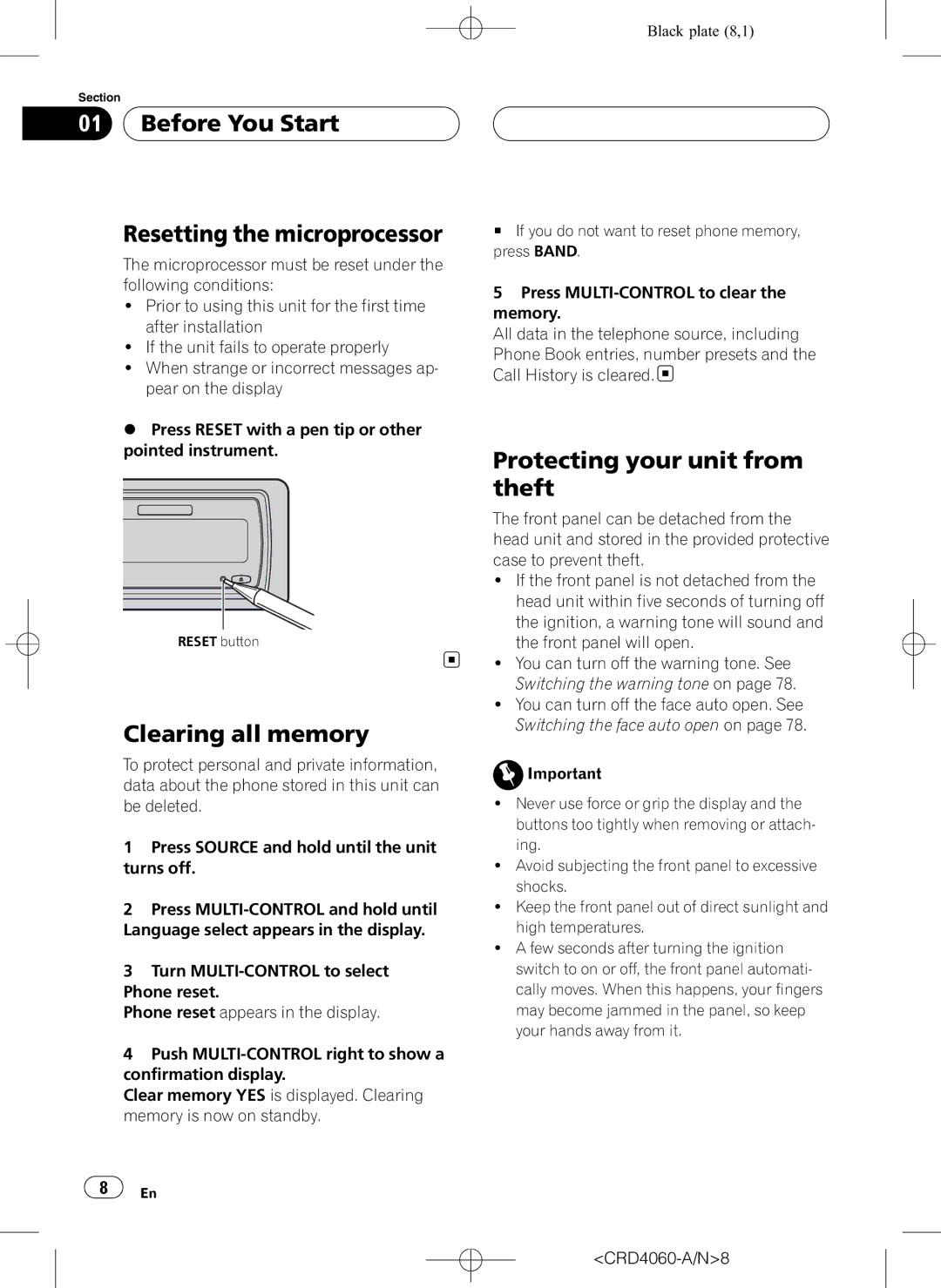 Pioneer DEH-P7850BT Before You Start Resetting the microprocessor, Clearing all memory, Protecting your unit from theft 