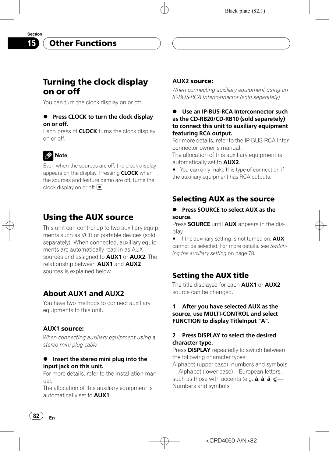 Pioneer DEH-P7850BT Other Functions Turning the clock display on or off, Using the AUX source, About AUX1 and AUX2 