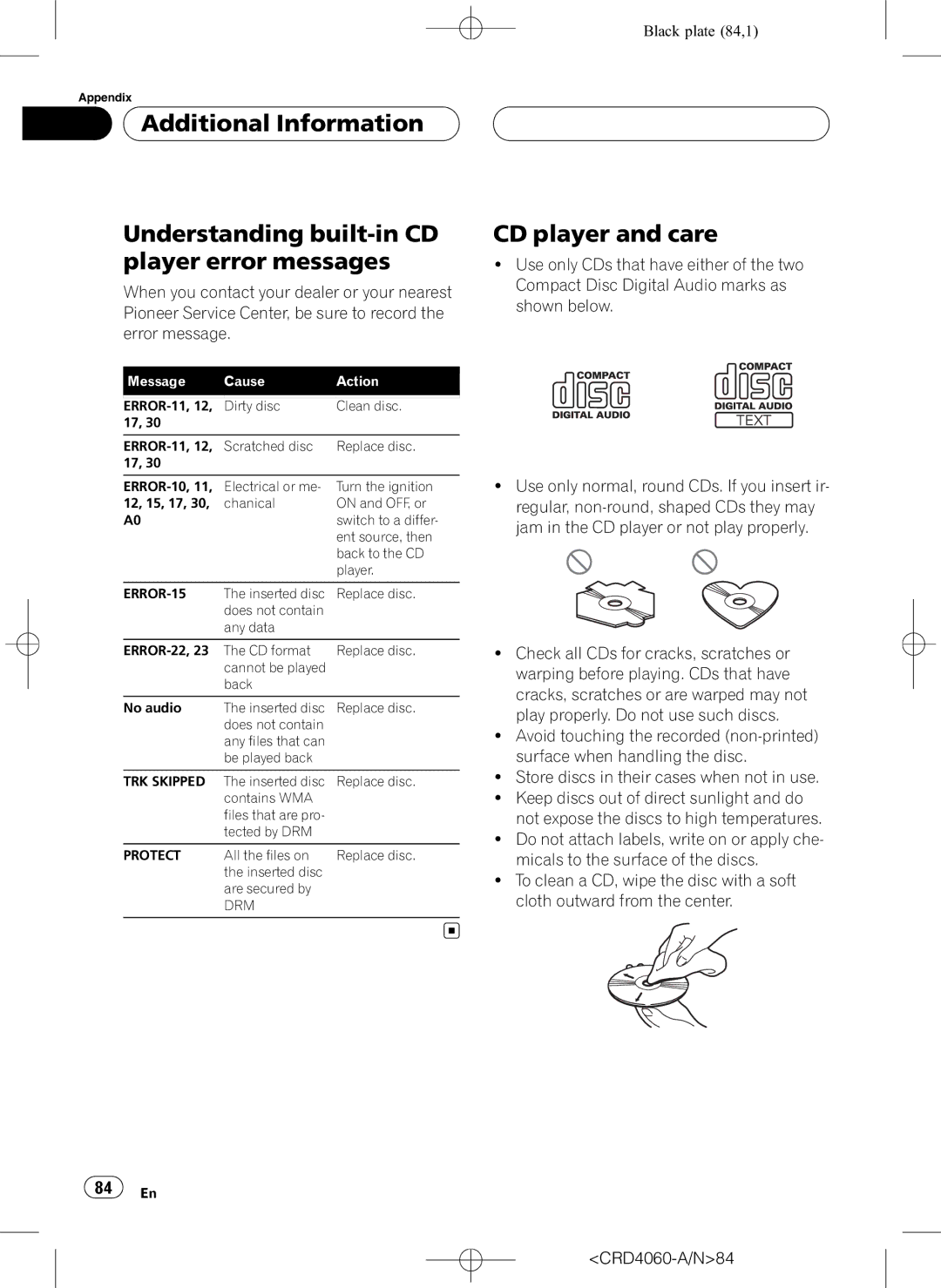 Pioneer DEH-P7850BT operation manual CD player and care, CRD4060-A/N84 