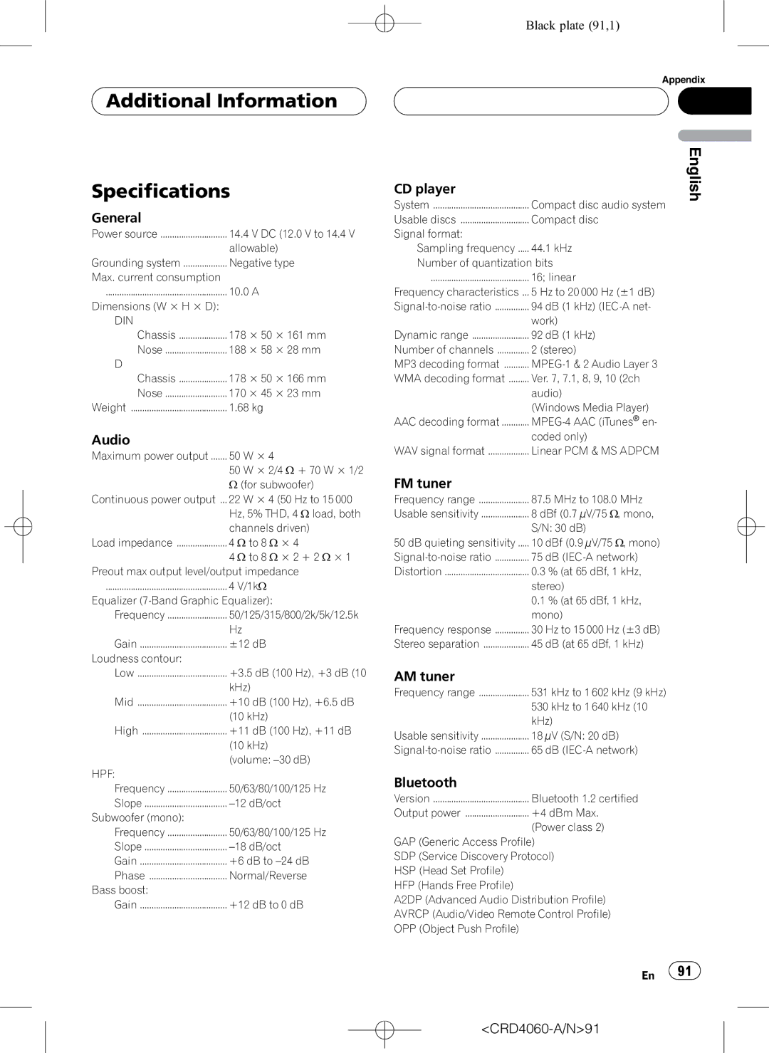 Pioneer DEH-P7850BT operation manual Additional Information Specifications 