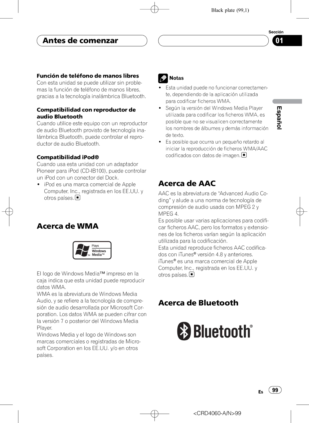 Pioneer DEH-P7850BT operation manual Antes de comenzar, Acerca de WMA, Acerca de AAC, Acerca de Bluetooth 