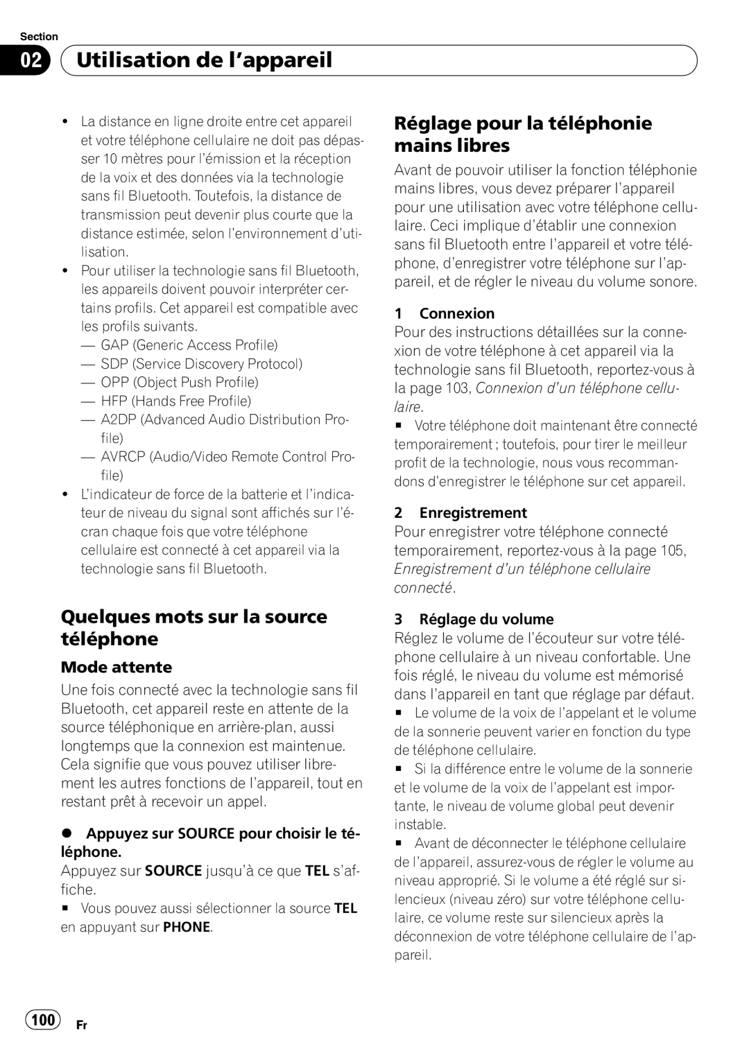 Pioneer DEH-P7900BT Réglage pour la téléphonie mains libres, Quelques mots sur la source téléphone, Mode attente, 100 Fr 