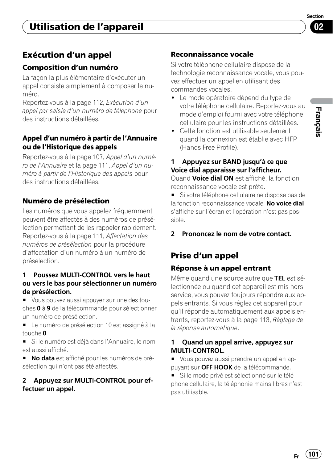 Pioneer DEH-P7900BT operation manual Exécution d’un appel, Prise d’un appel 