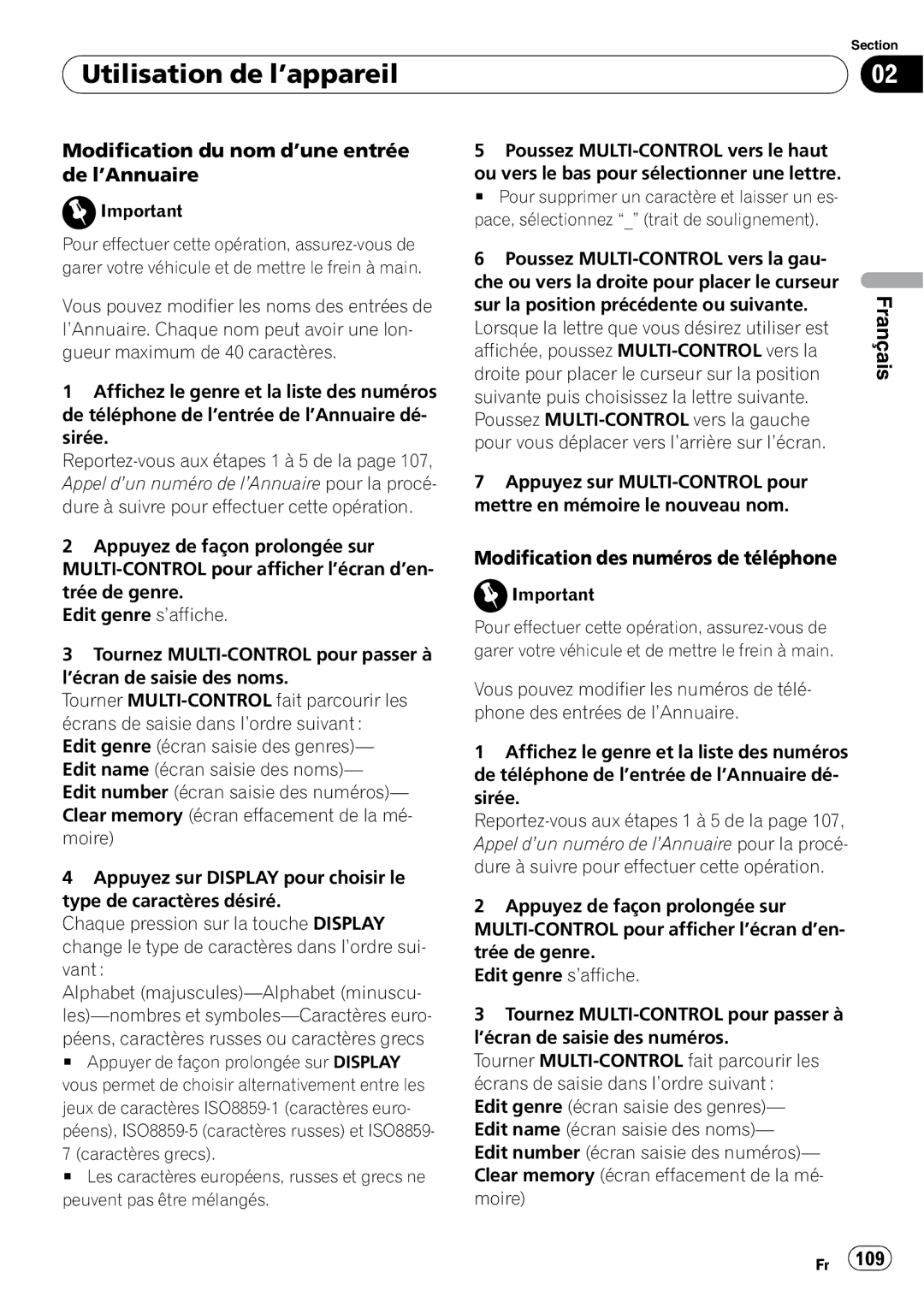 Pioneer DEH-P7900BT operation manual Modification du nom d’une entrée de l’Annuaire, Modification des numéros de téléphone 