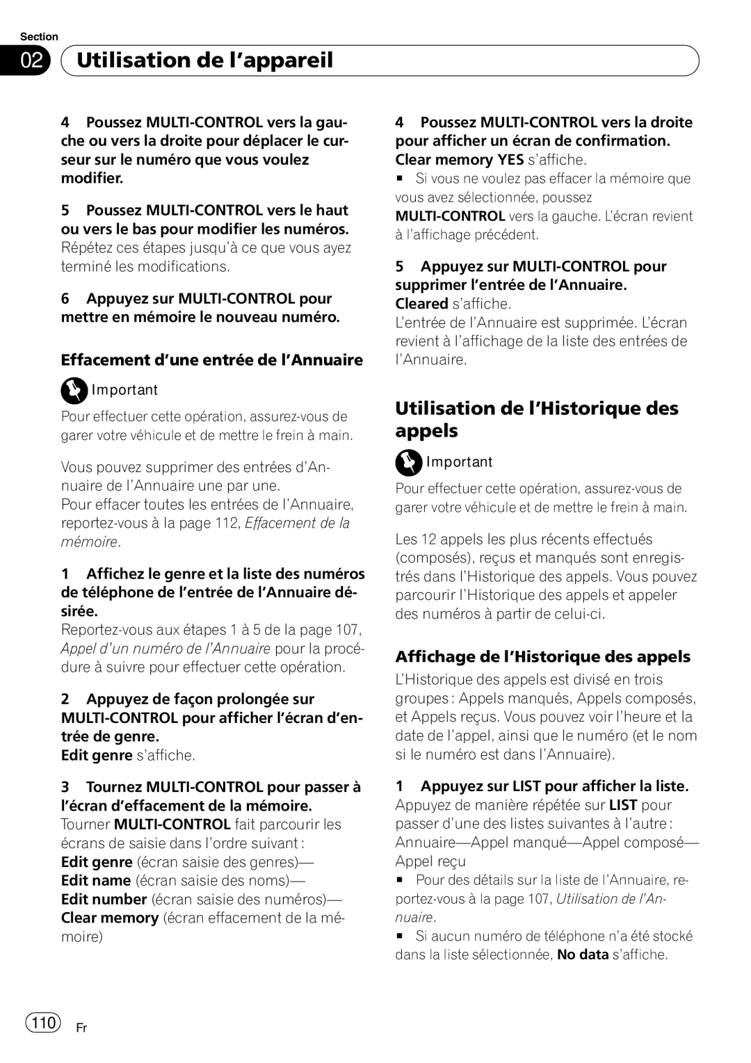 Pioneer DEH-P7900BT operation manual Utilisation de l’Historique des appels, Effacement d’une entrée de l’Annuaire, 110 Fr 