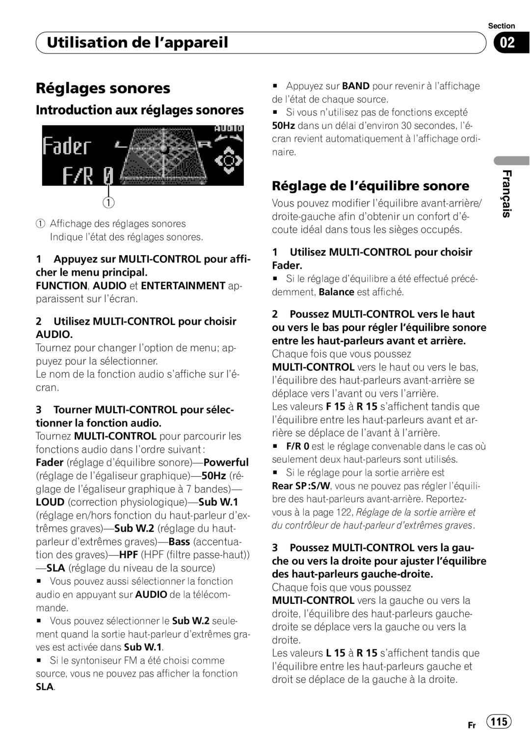 Pioneer DEH-P7900BT operation manual Utilisation de l’appareil Réglages sonores, Introduction aux réglages sonores, Audio 