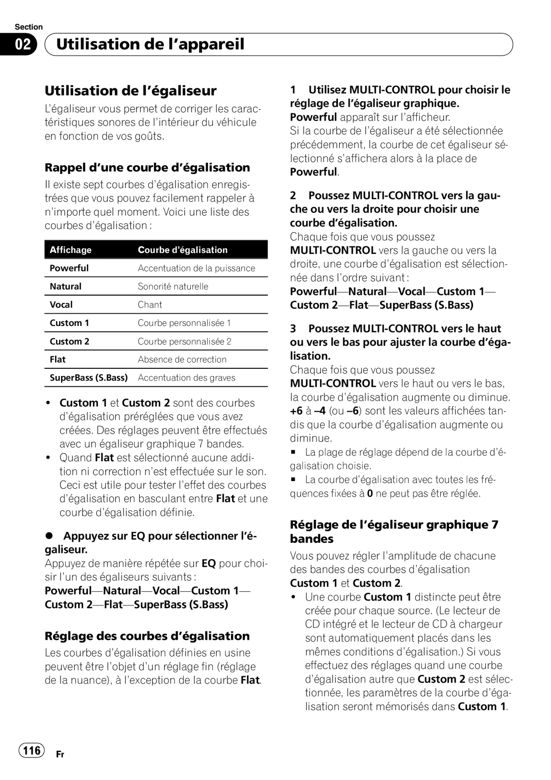 Pioneer DEH-P7900BT Utilisation de l’égaliseur, Rappel d’une courbe d’égalisation, Réglage des courbes d’égalisation 