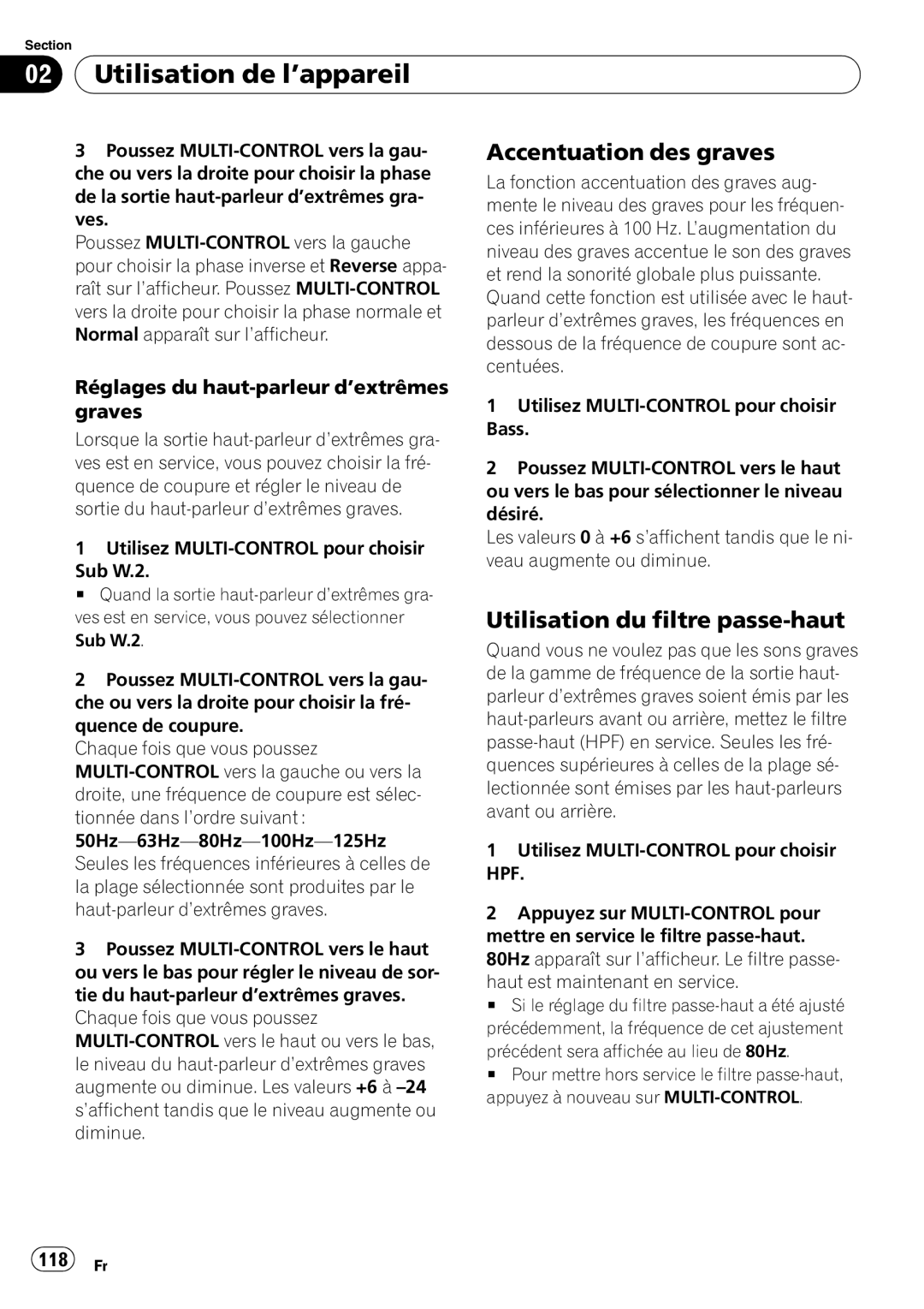 Pioneer DEH-P7900BT Accentuation des graves, Utilisation du filtre passe-haut, Réglages du haut-parleur d’extrêmes graves 