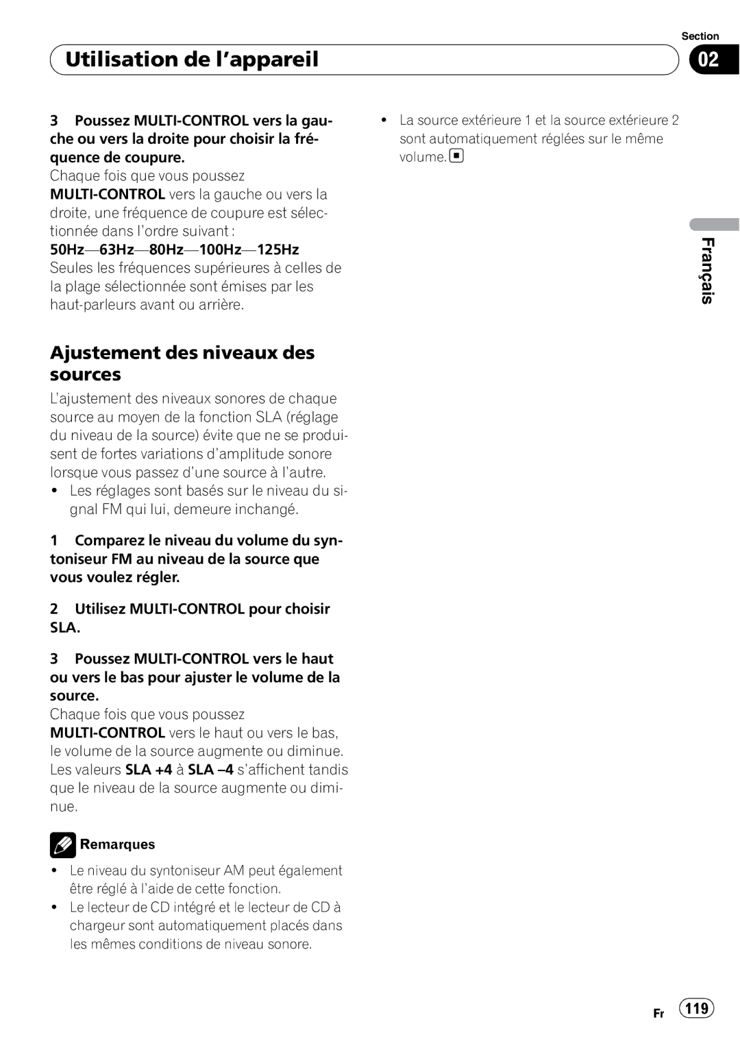 Pioneer DEH-P7900BT operation manual Ajustement des niveaux des sources, Poussez MULTI-CONTROL vers la gau 