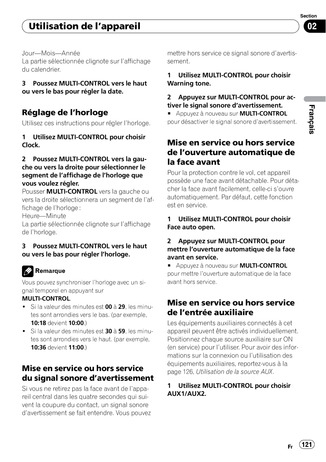 Pioneer DEH-P7900BT operation manual Réglage de l’horloge, Mise en service ou hors service de l’entrée auxiliaire 