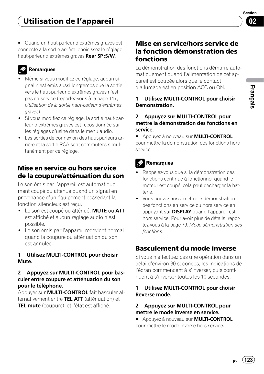 Pioneer DEH-P7900BT operation manual Basculement du mode inverse 