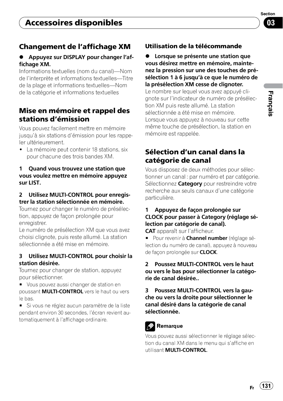 Pioneer DEH-P7900BT operation manual Changement de l’affichage XM, Mise en mémoire et rappel des stations d’émission 