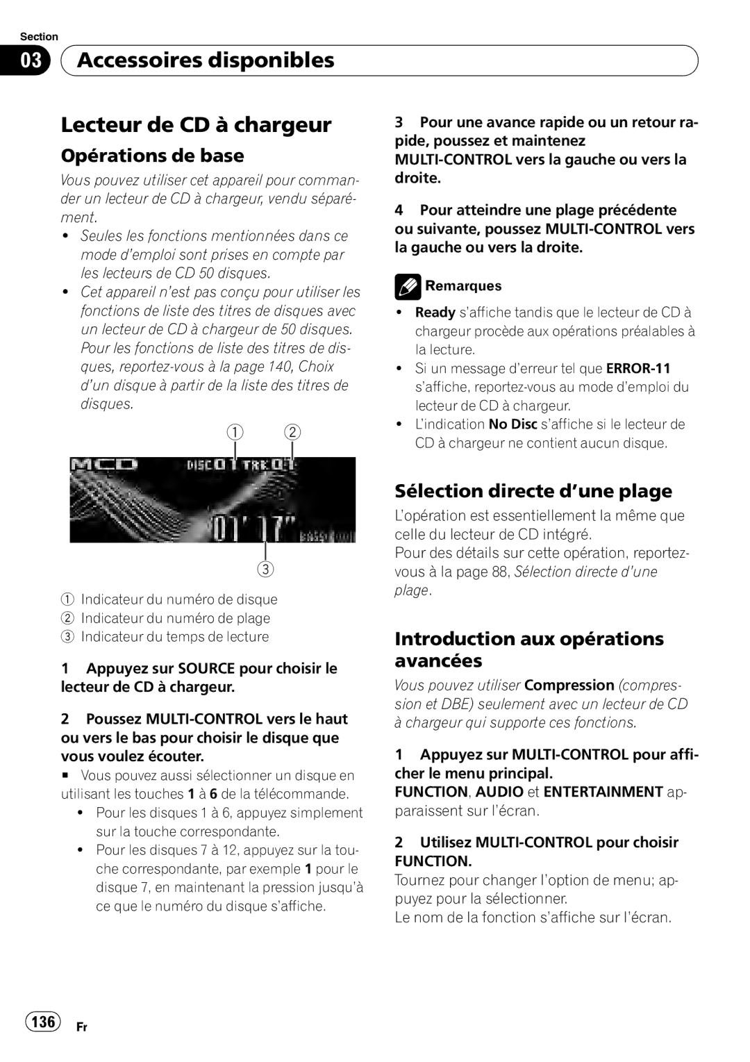 Pioneer DEH-P7900BT operation manual Accessoires disponibles Lecteur de CD à chargeur, 136 Fr 