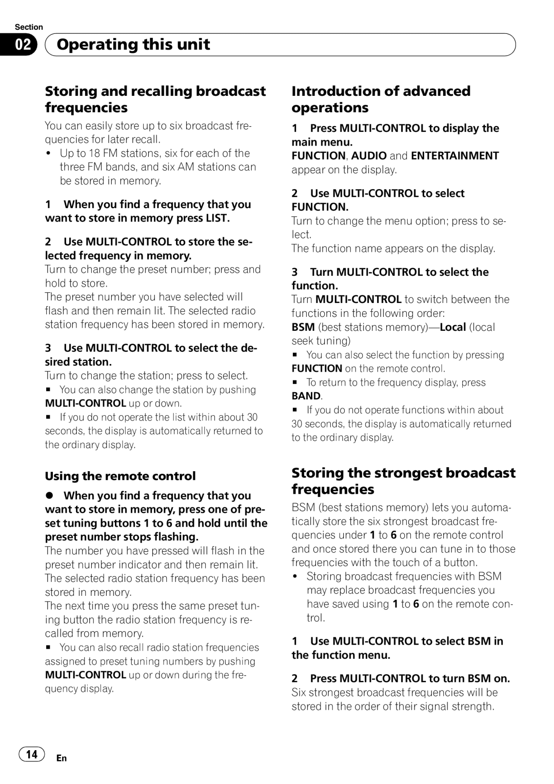 Pioneer DEH-P7900BT operation manual Storing and recalling broadcast frequencies, Introduction of advanced operations 