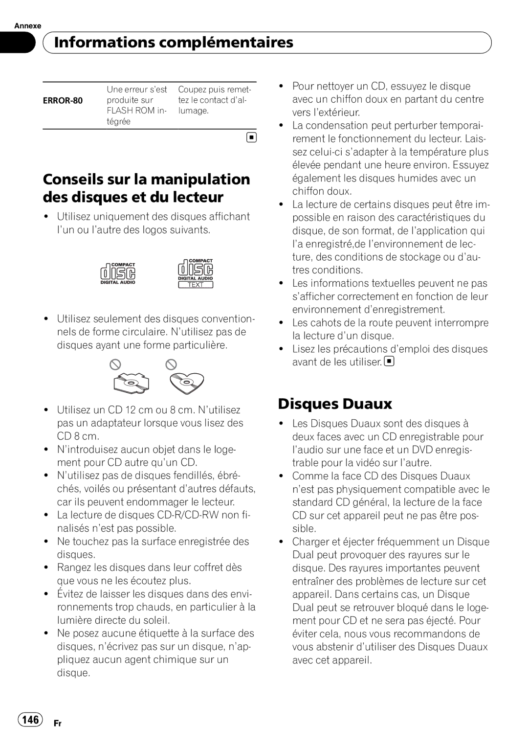 Pioneer DEH-P7900BT Informations complémentaires, Conseils sur la manipulation des disques et du lecteur, Disques Duaux 